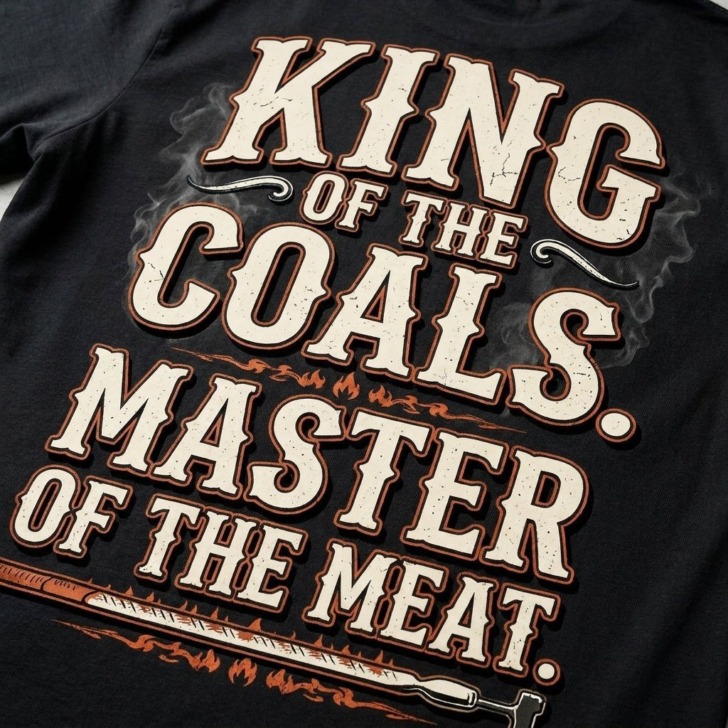 TrendyShift.Com black cotton t-shirt with King of the Coals Master of the Meat graphic print for grill enthusiasts.