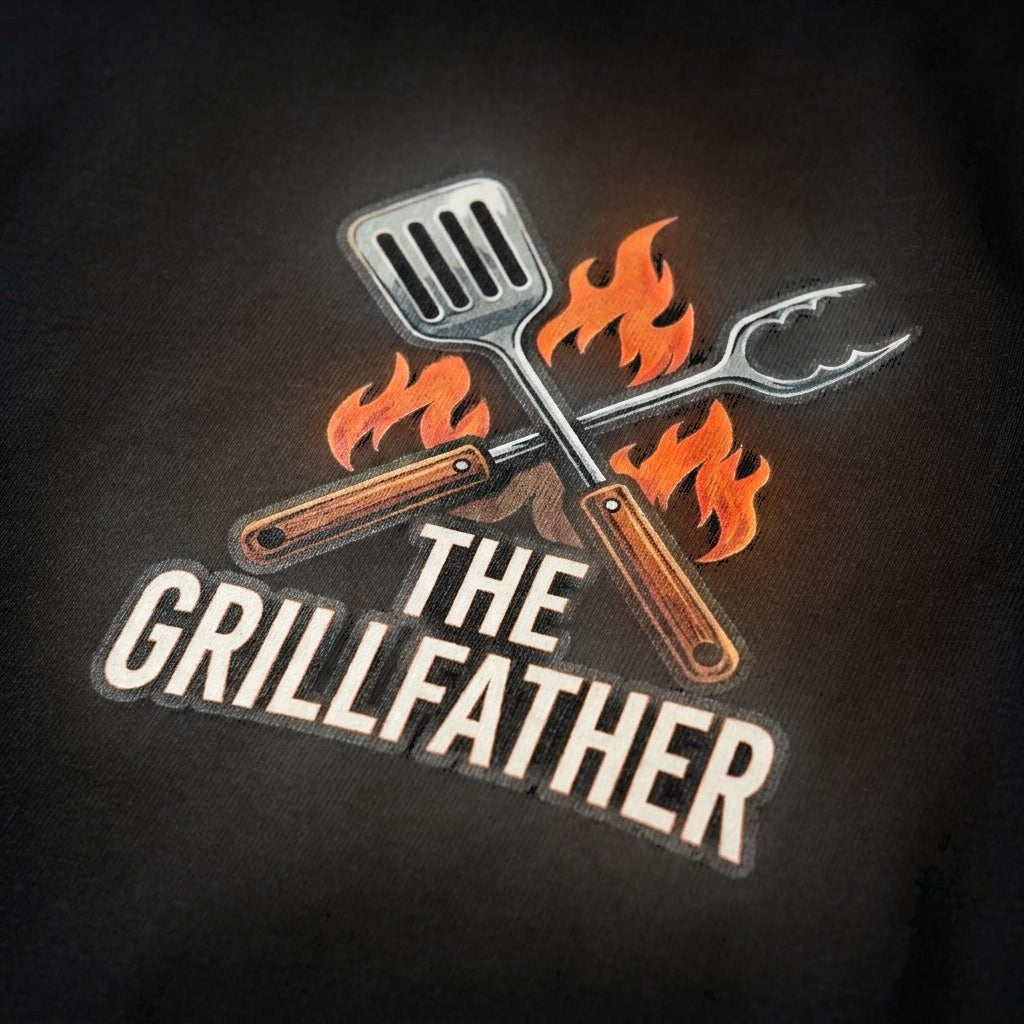 TrendyShift.Com black cotton t-shirt featuring The Grillfather graphic with crossed spatula and tongs over flames
