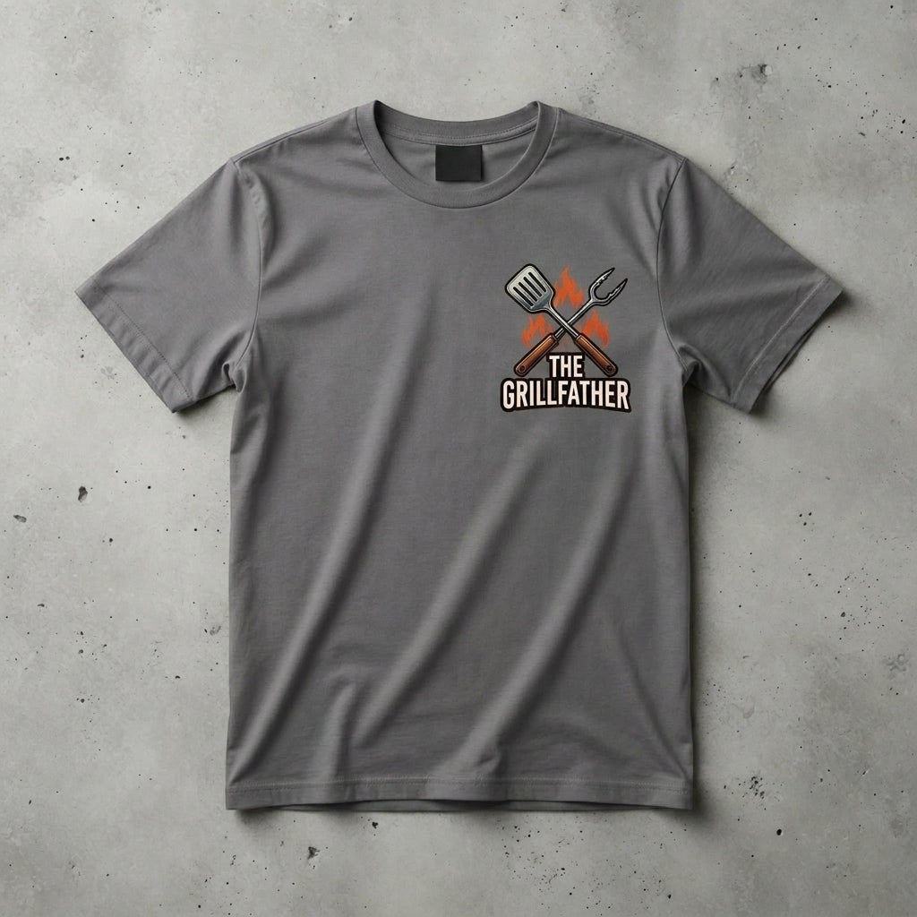 TrendyShift.Com grey cotton crew neck t-shirt featuring a The Grillfather spatula and fork graphic on the chest