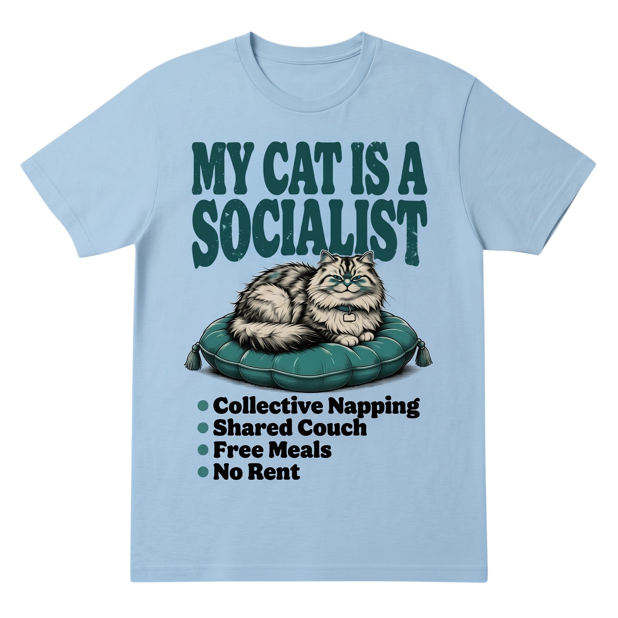 TrendyShift.Com light blue cotton graphic tee featuring a cat illustration and My Cat Is a Socialist text design.