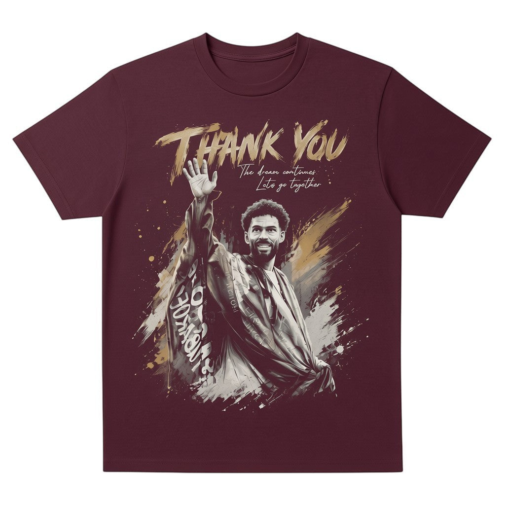TrendyShift.Com maroon unisex tee featuring a graphic of a goalkeeper waving goodbye with Thank You text.