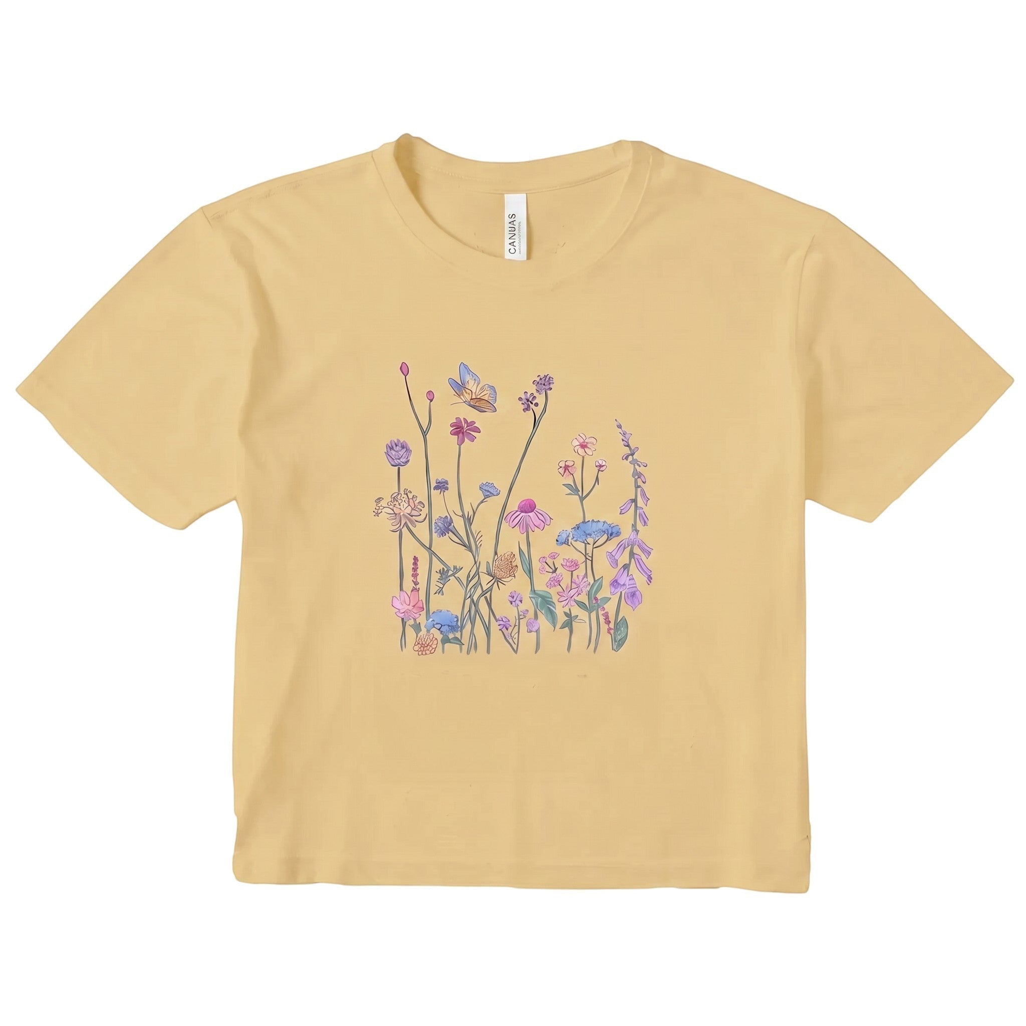 TrendyShift.Com women's mustard yellow micro rib t-shirt featuring a delicate wildflower and butterfly graphic print.