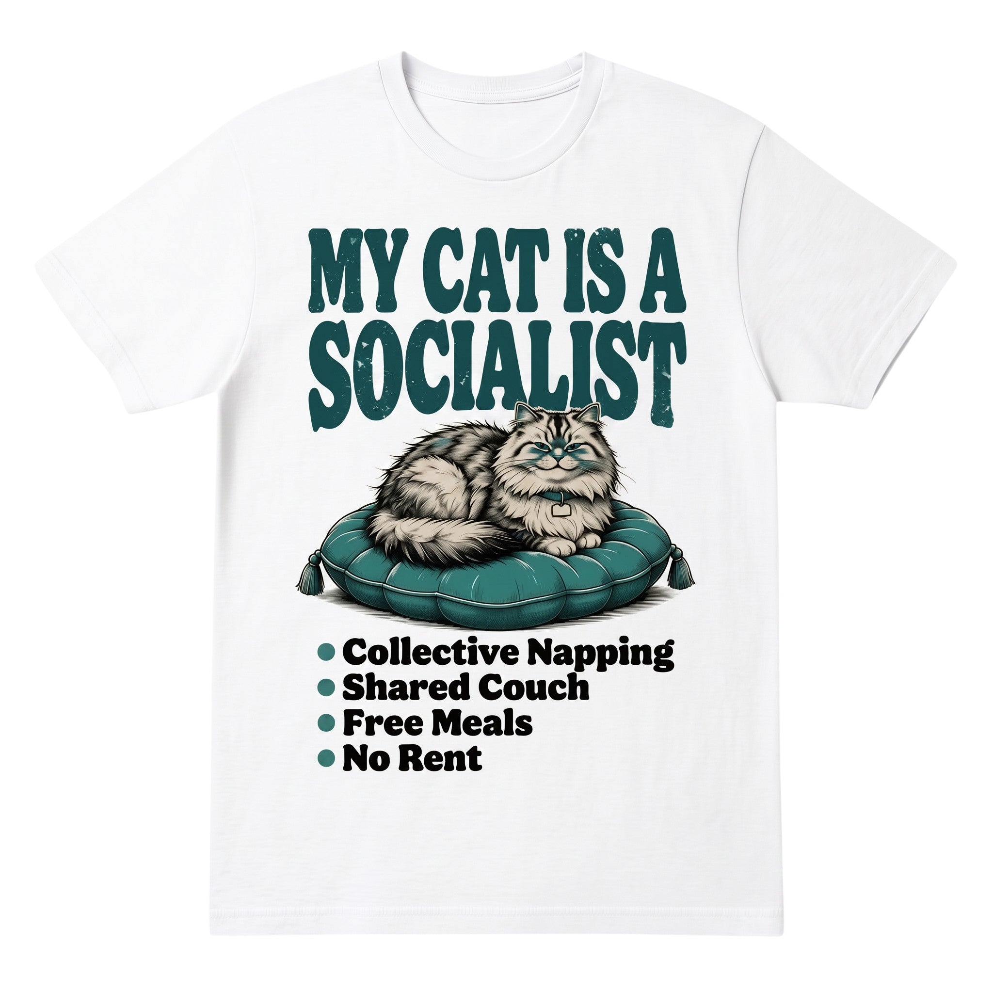 TrendyShift.Com white cotton graphic tee featuring a cat on a teal cushion with the text My Cat Is a Socialist