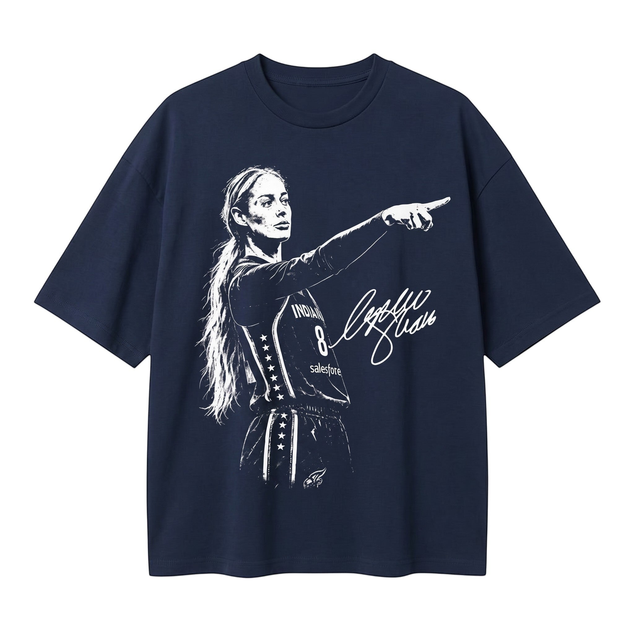 TrendyShift.Com navy blue cotton t-shirt featuring a graphic illustration of a basketball player pointing