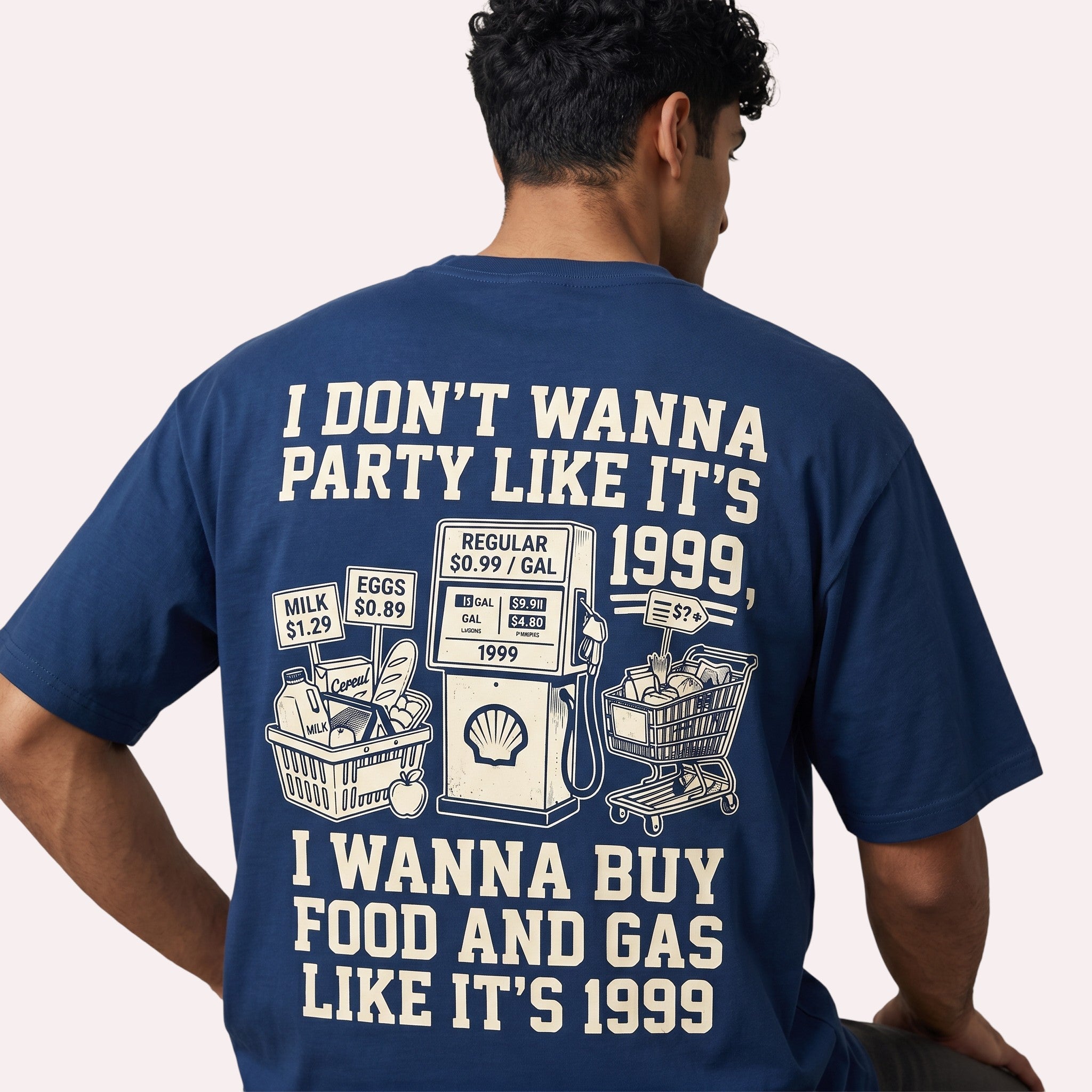 TrendyShift.Com navy blue t-shirt with back graphic featuring 1999 gas prices and grocery shopping illustration
