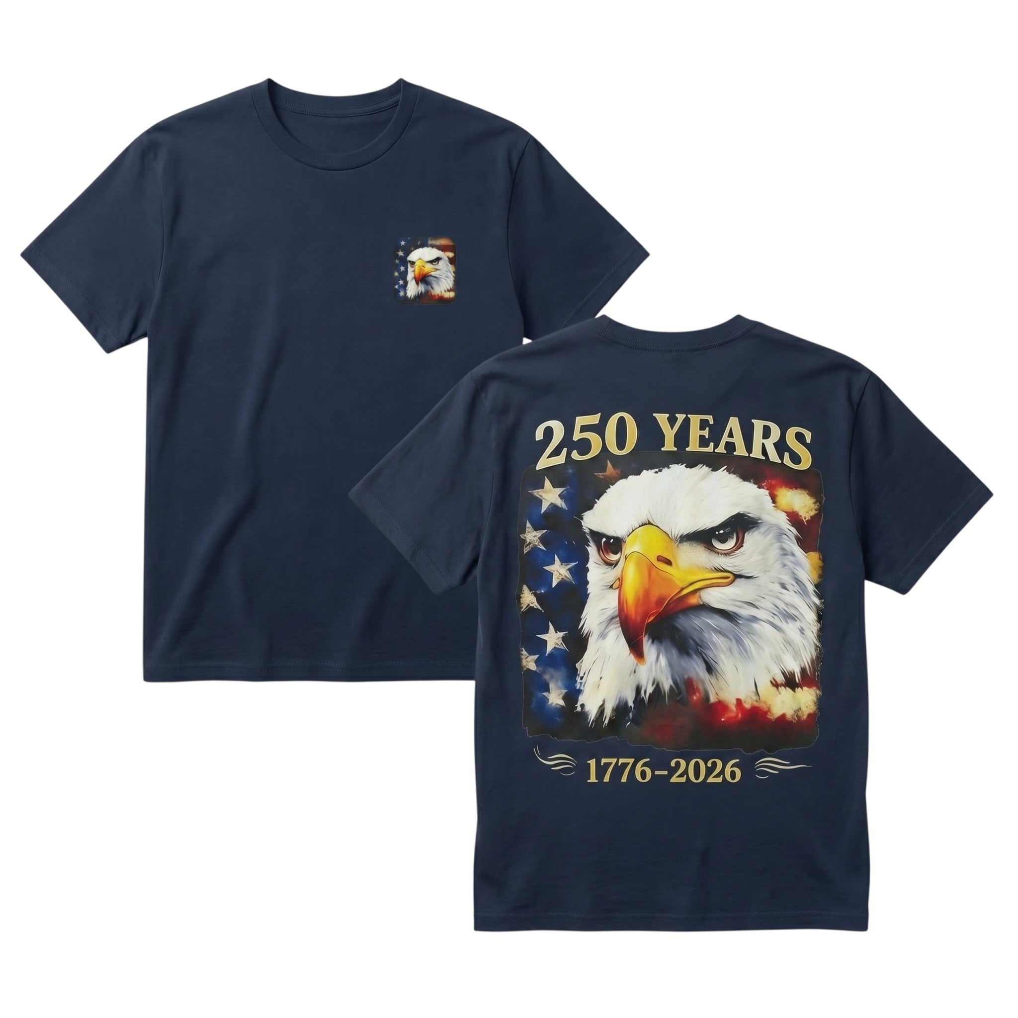 TrendyShift.Com navy blue cotton t-shirt with American eagle and 250th anniversary flag graphic on front and back