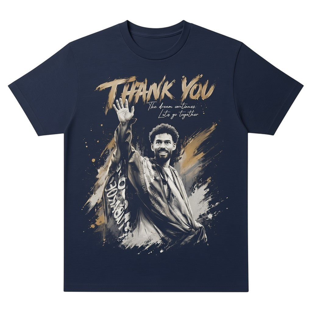 TrendyShift.Com navy blue unisex t-shirt featuring a graphic print of a goalkeeper waving goodbye with gold text.