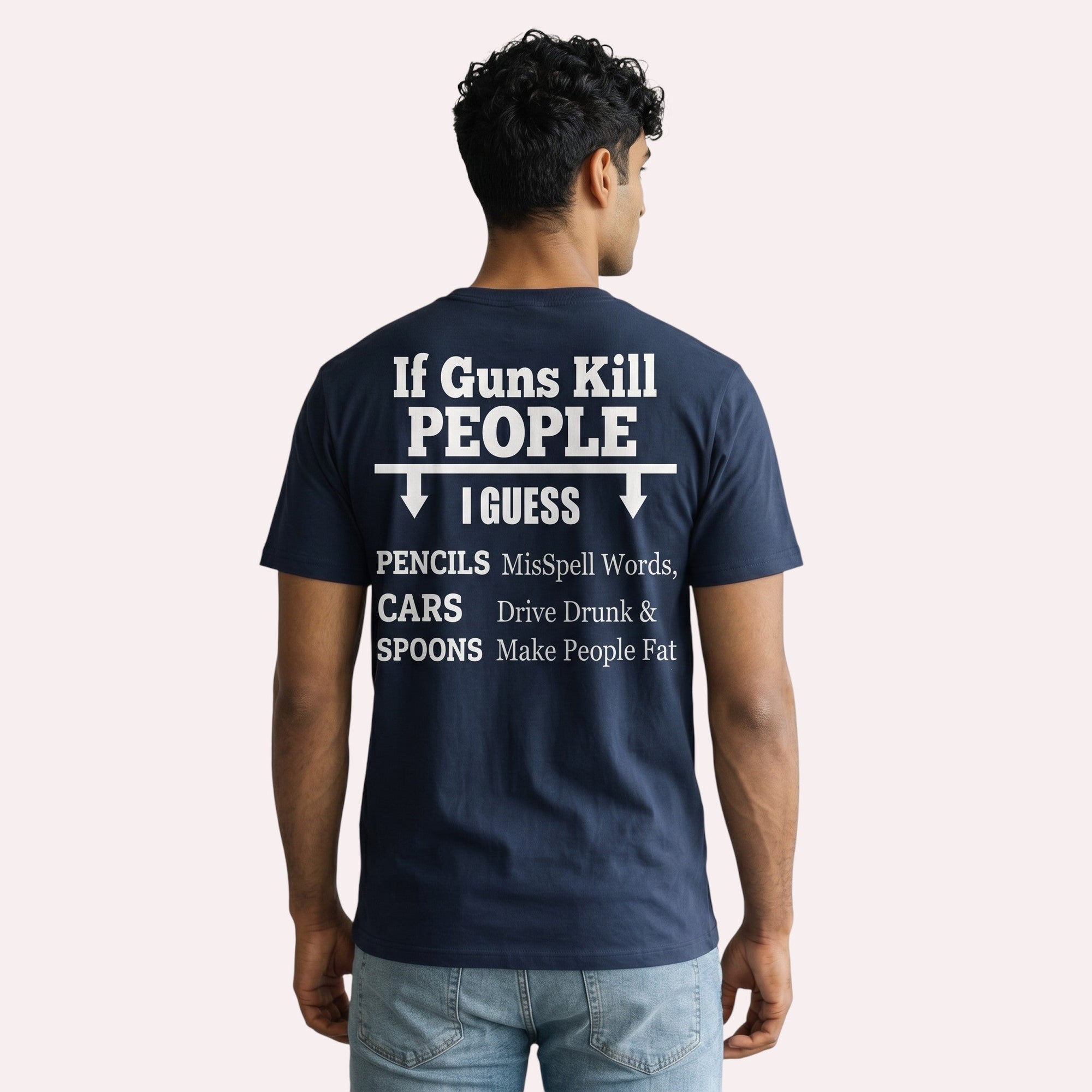 TrendyShift.Com unisex navy blue cotton t-shirt with white typographic political satire graphic on the back