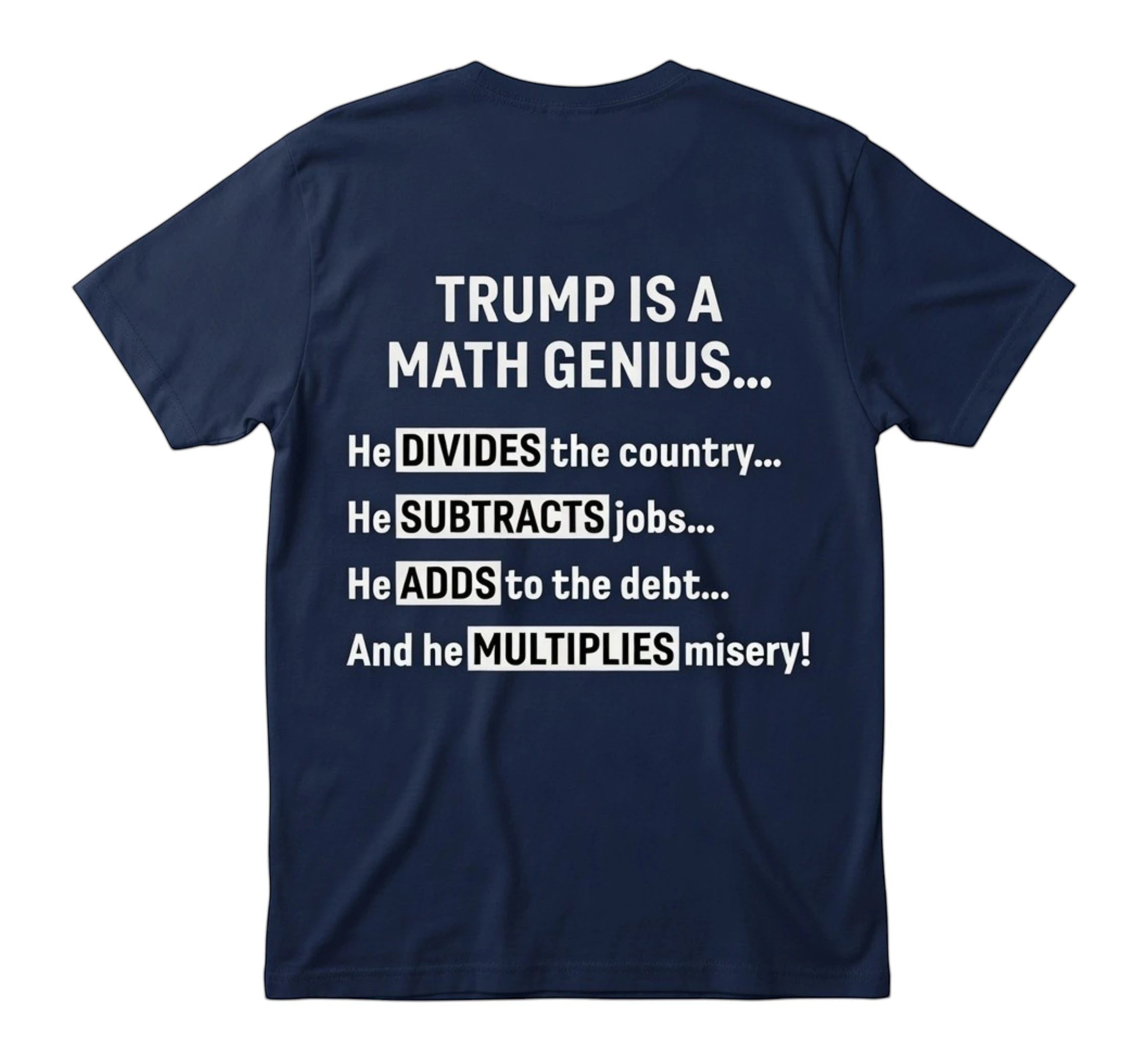 TrendyShift.Com navy blue unisex t-shirt featuring bold white text about political math and social commentary.