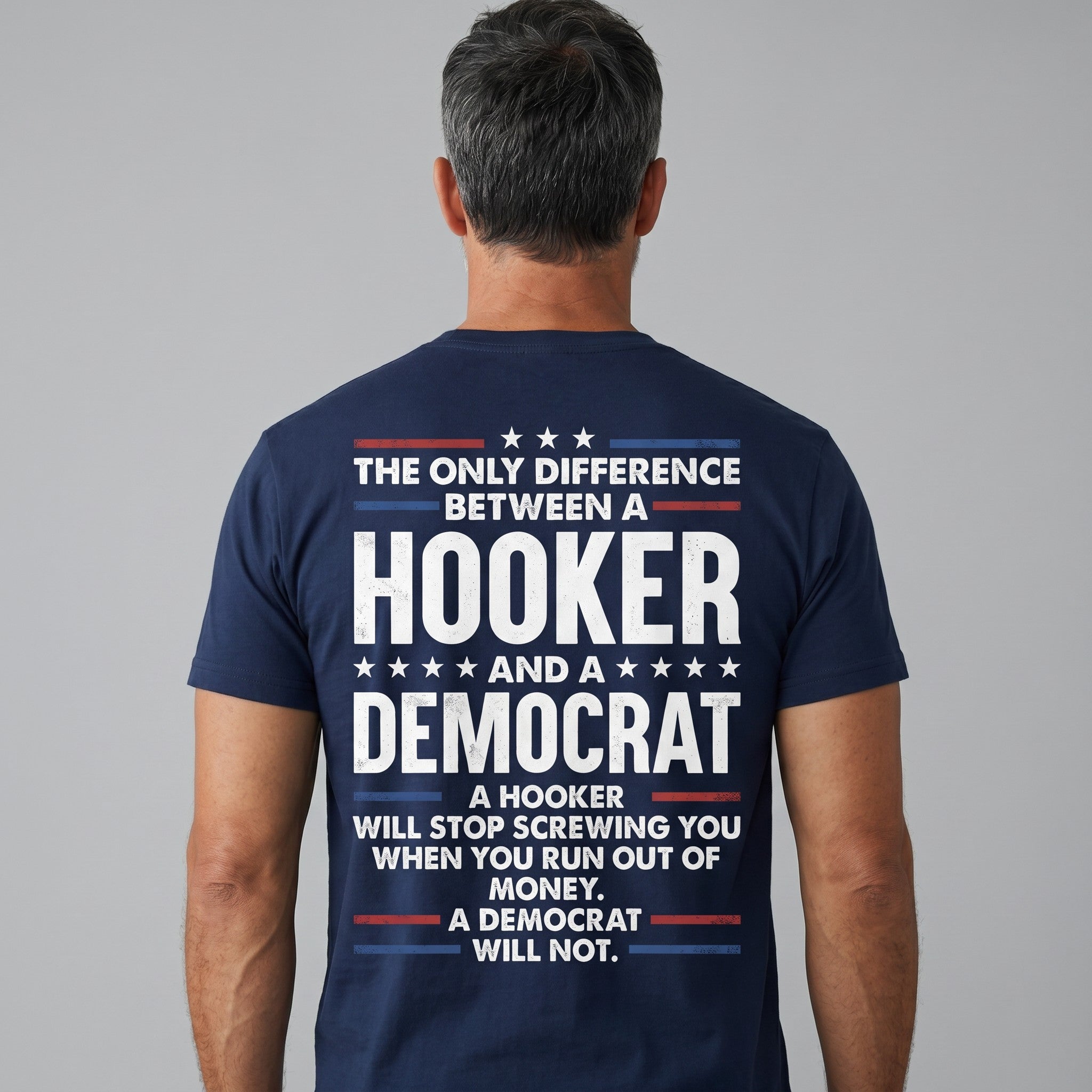 TrendyShift.Com navy blue cotton graphic t-shirt with distressed red, white, and blue political satire typography.