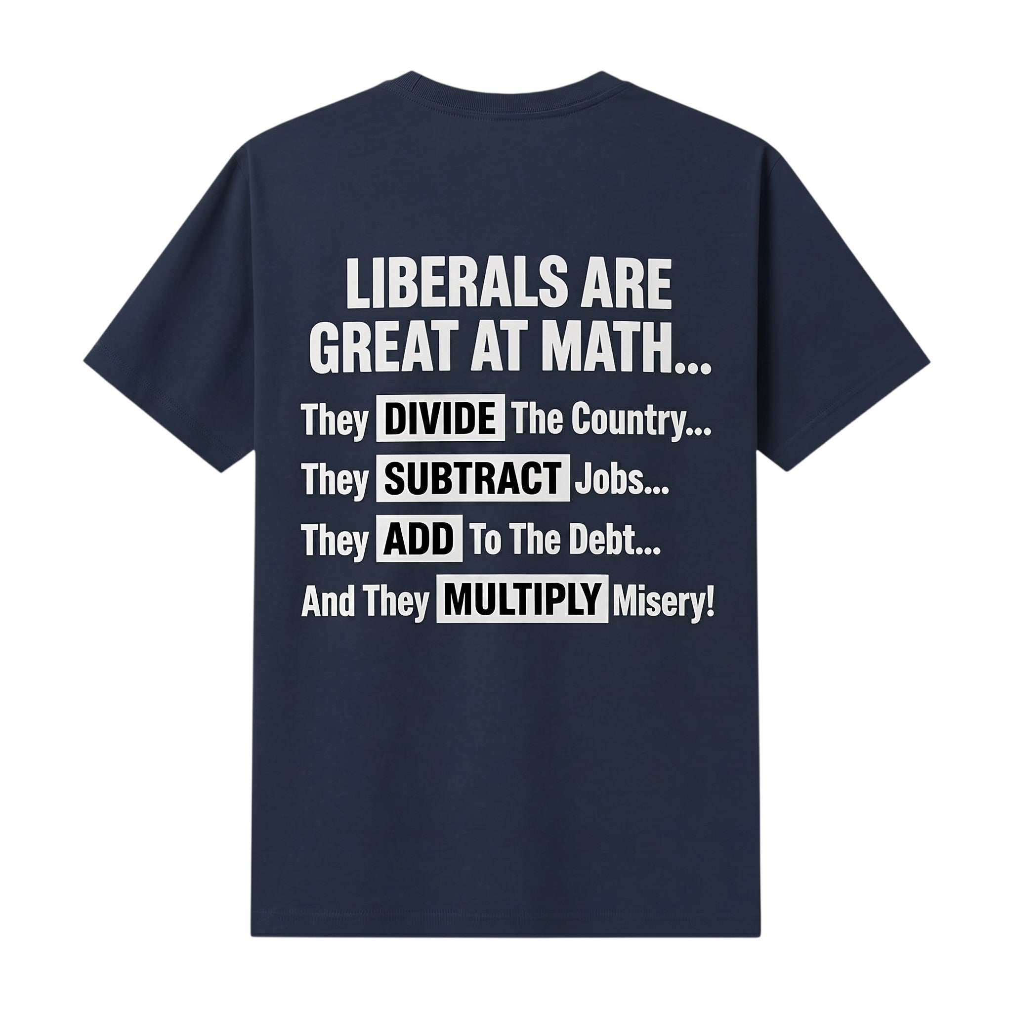 TrendyShift.Com navy blue t-shirt featuring white text about political math jokes on the back.