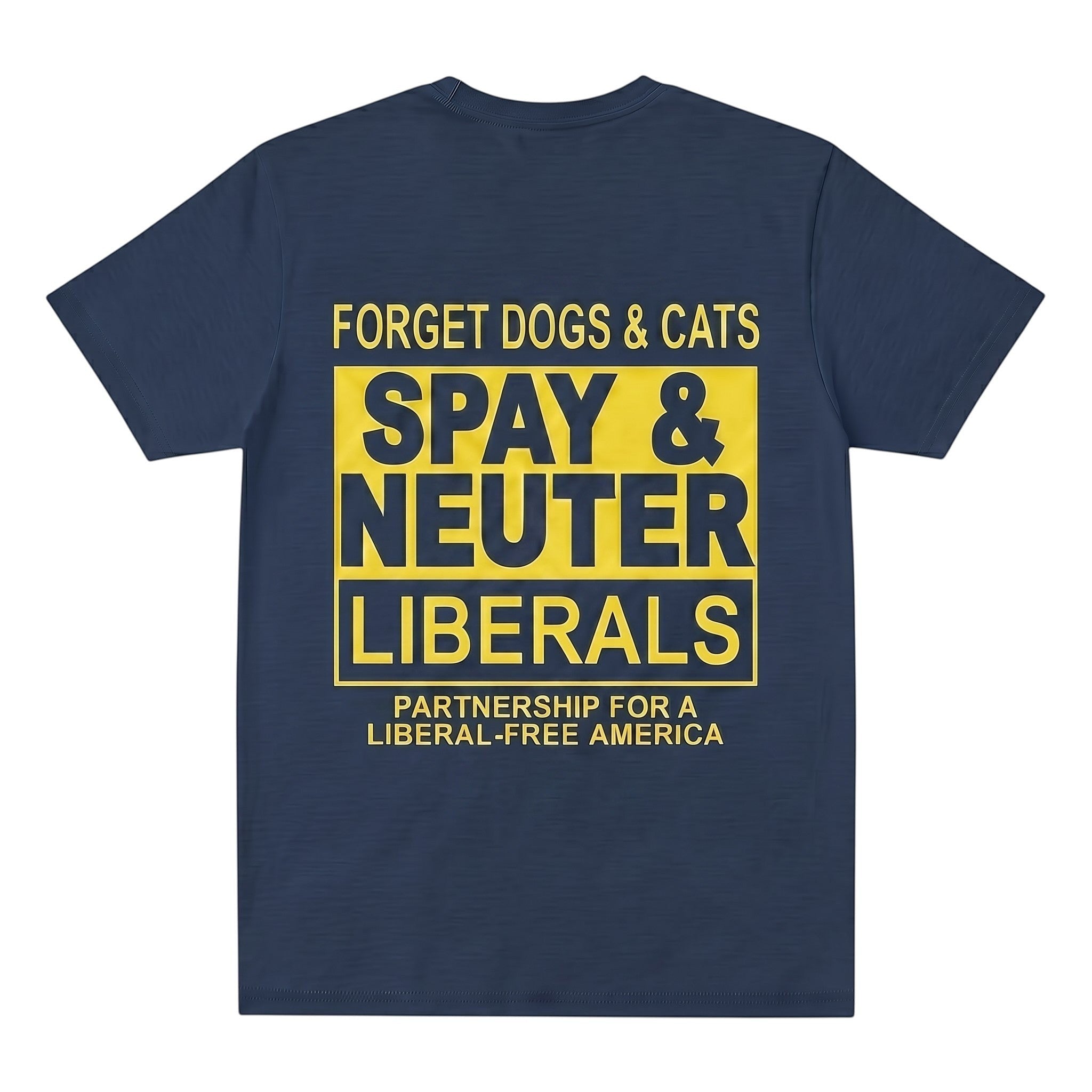 TrendyShift.Com navy blue t-shirt with bold yellow political satire text print on the back