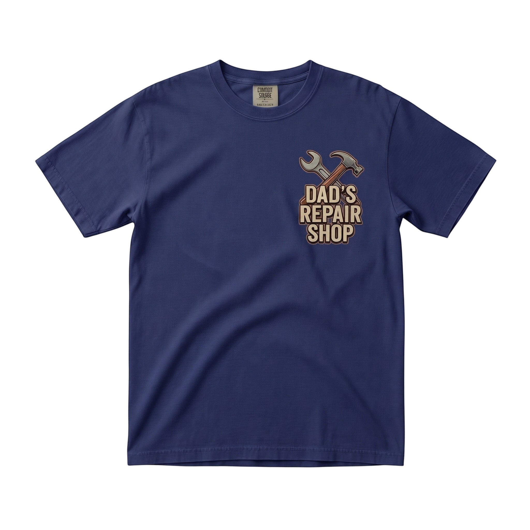 TrendyShift.Com navy blue cotton short sleeve t-shirt with a Dad's Repair Shop graphic featuring a hammer and wrench.
