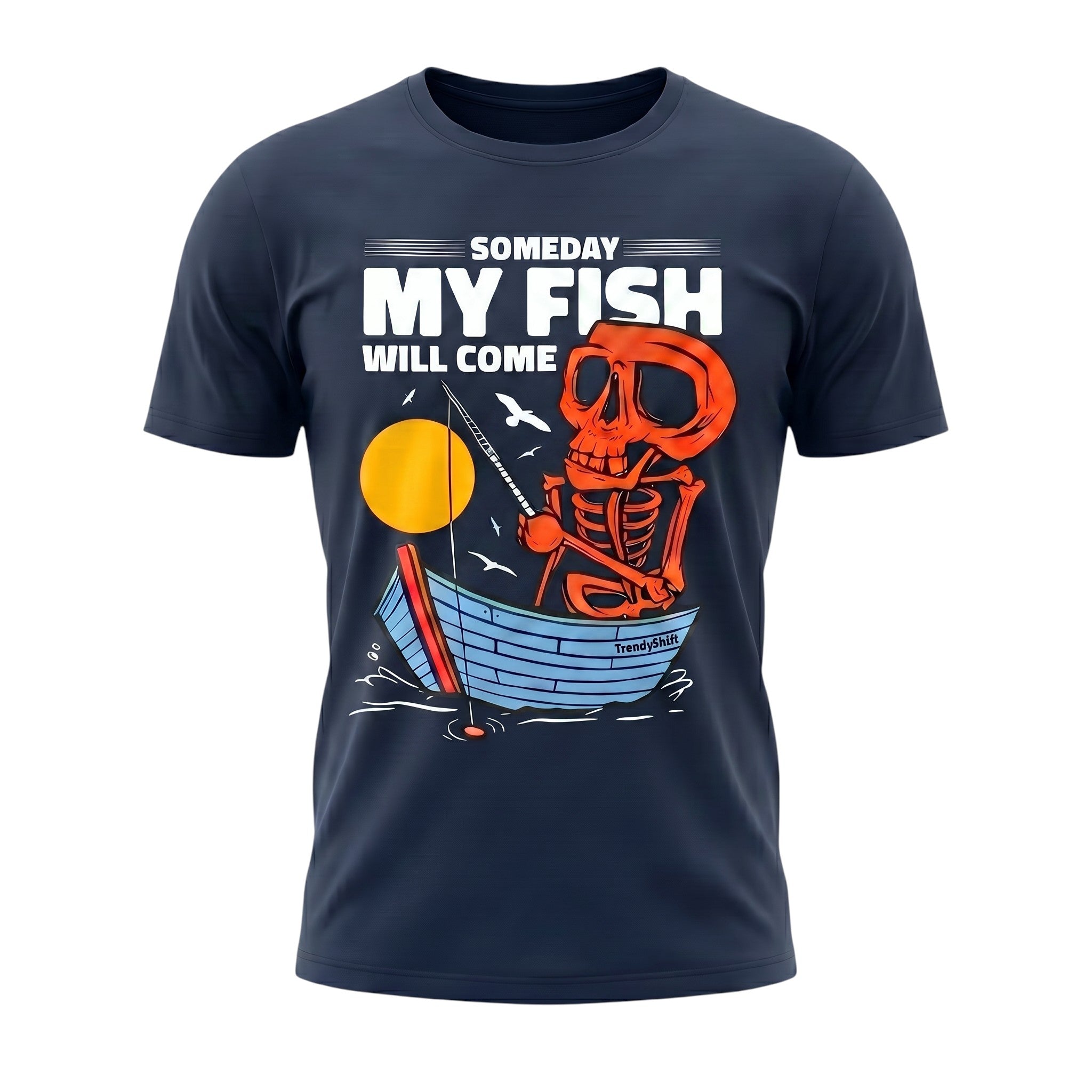 TrendyShift.Com navy blue cotton unisex t-shirt featuring a graphic of a skeleton fishing in a boat at sunset.