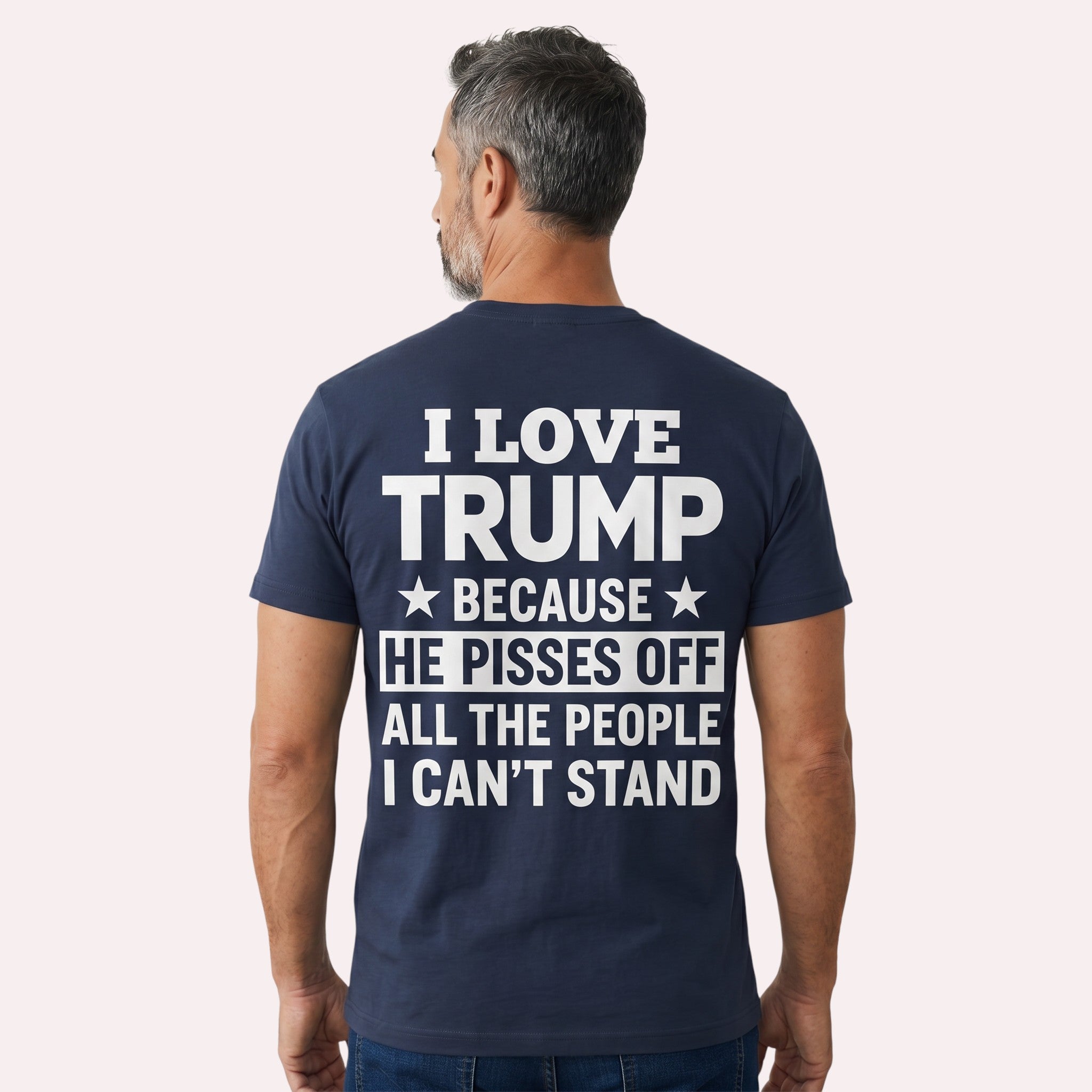 TrendyShift.Com navy blue unisex t-shirt with white back print featuring political text and star accents