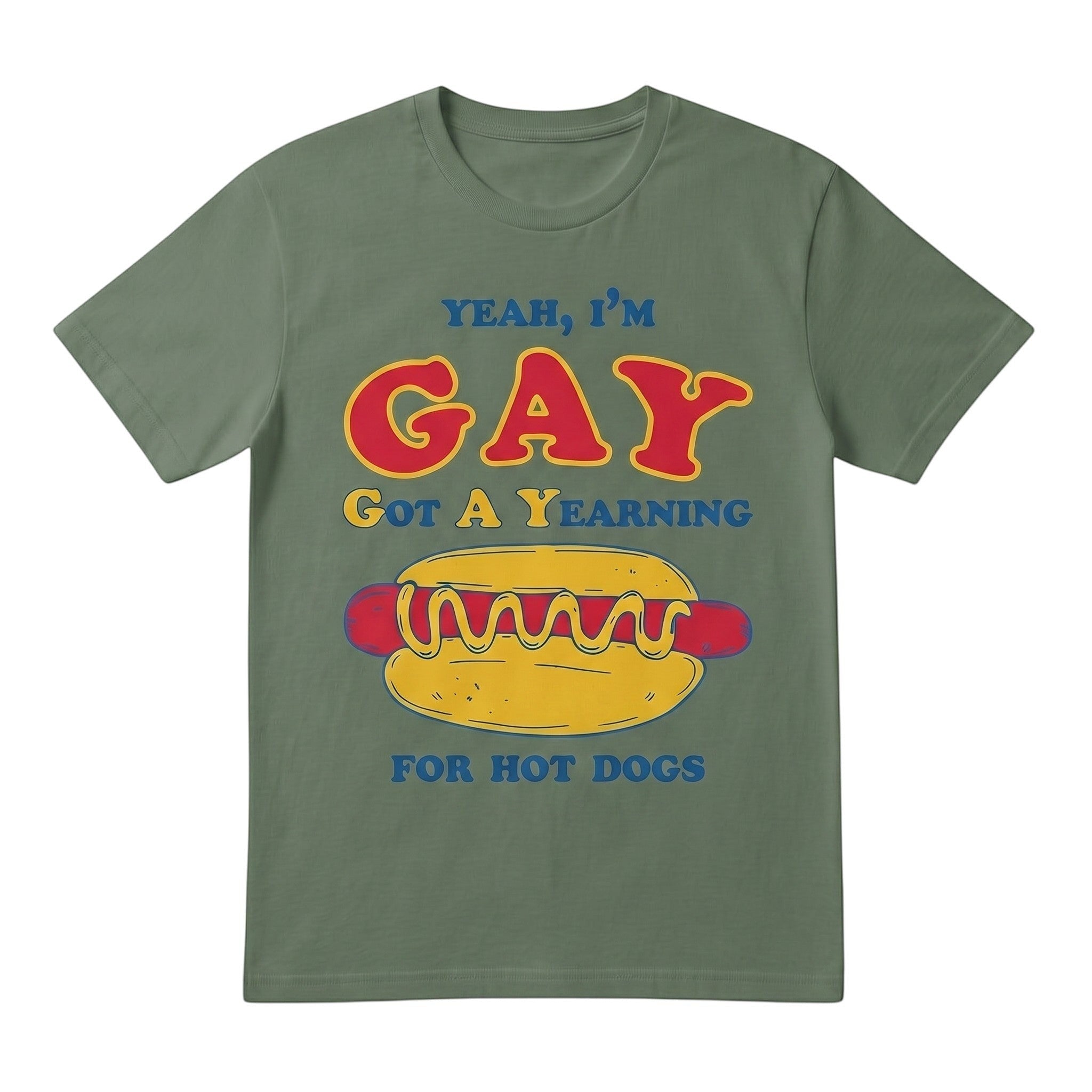 TrendyShift.Com olive green cotton t-shirt with a humorous graphic print of a hot dog and funny text