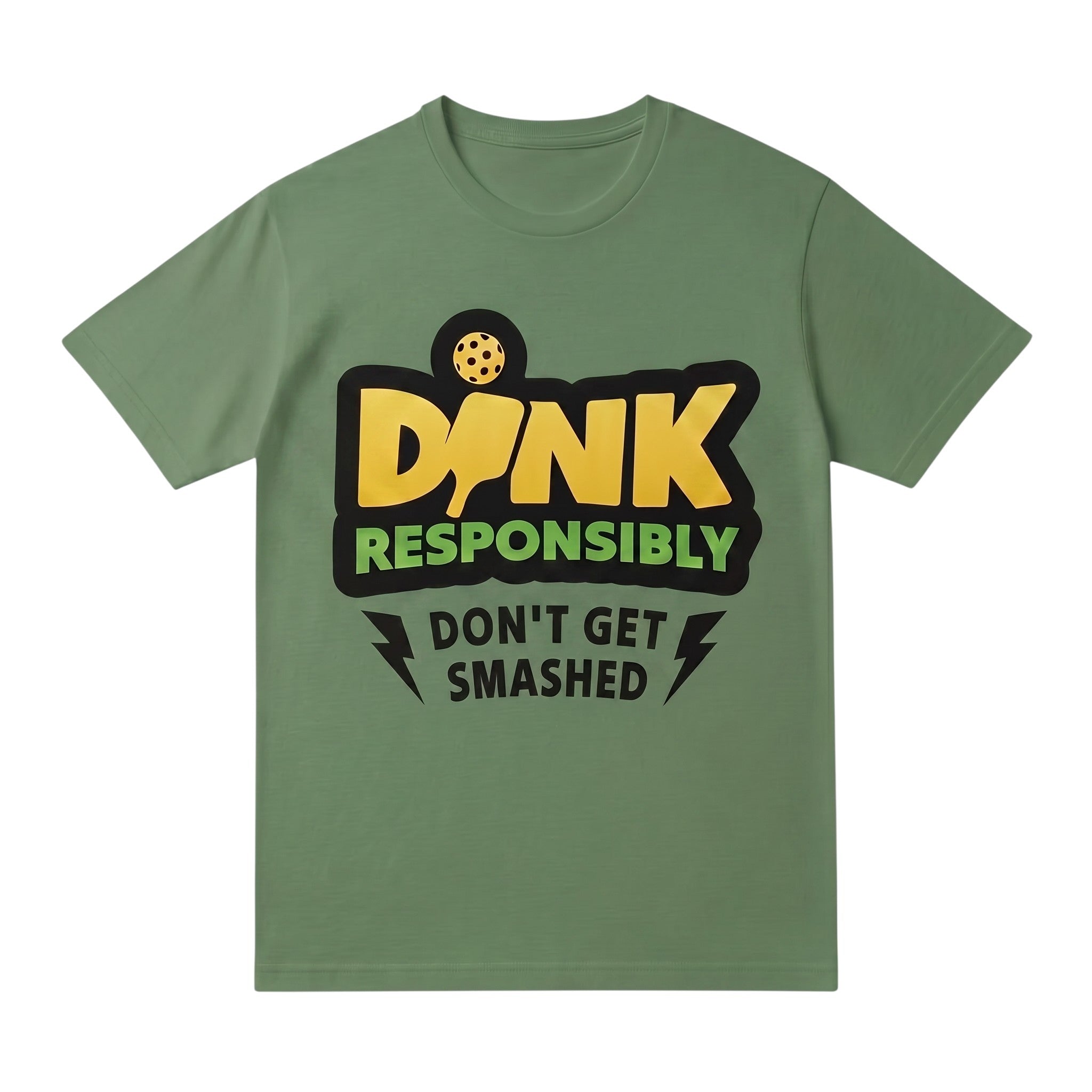 TrendyShift.Com olive green unisex cotton t-shirt with DINK Responsibly pickleball graphic print