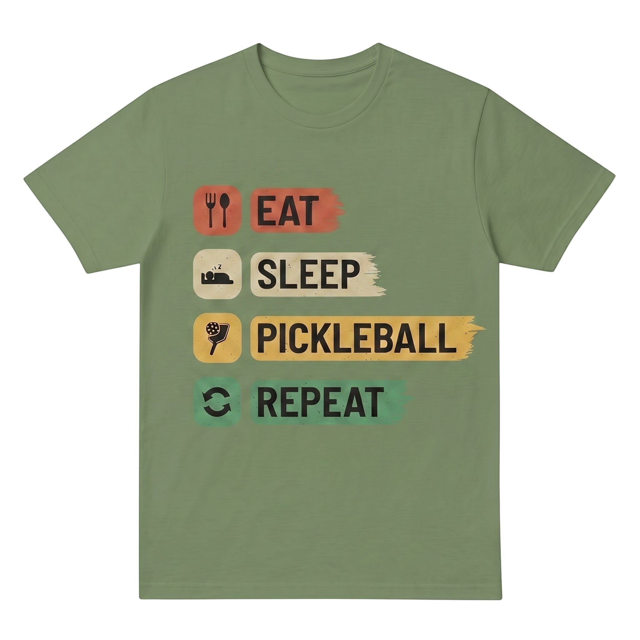 TrendyShift.Com olive green unisex cotton t-shirt featuring an Eat Sleep Pickleball Repeat graphic design.