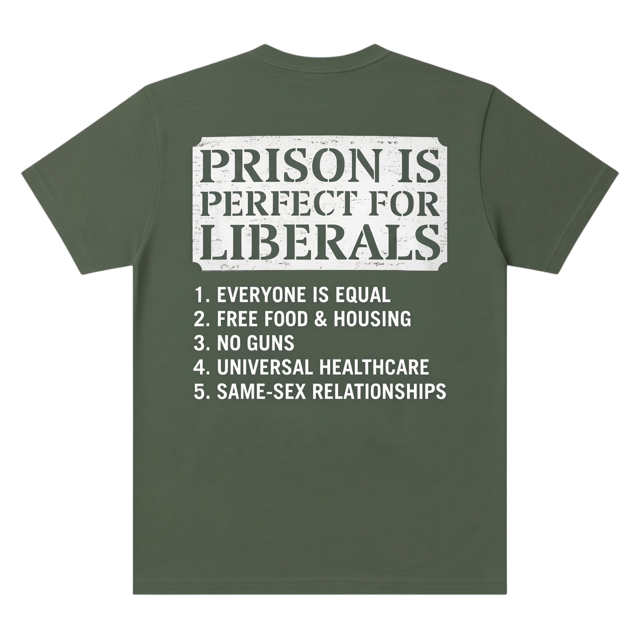 TrendyShift.Com olive green unisex cotton t-shirt featuring a satirical political graphic print on the back.