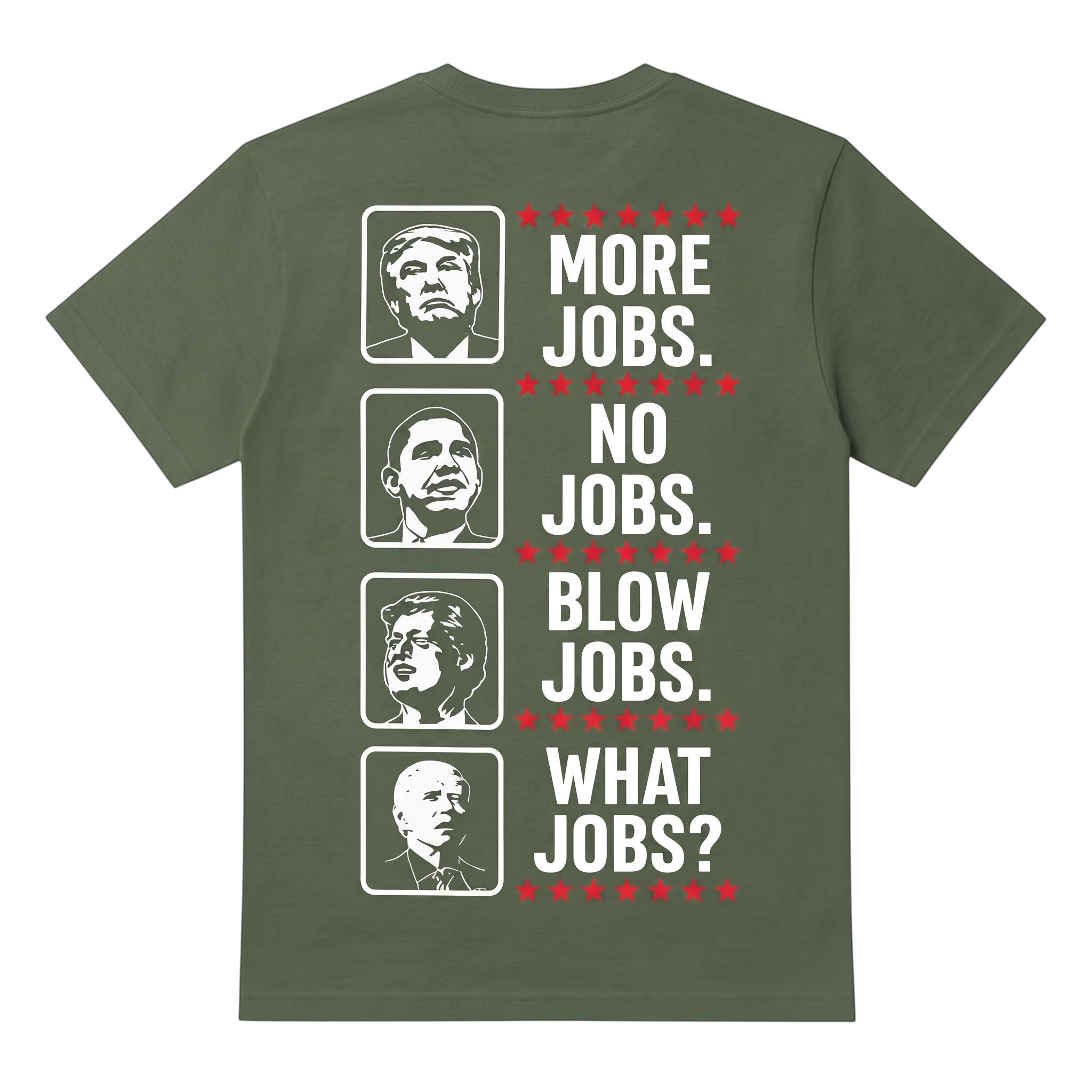 TrendyShift.Com olive green cotton t-shirt with political satire graphic featuring portraits and humorous text.