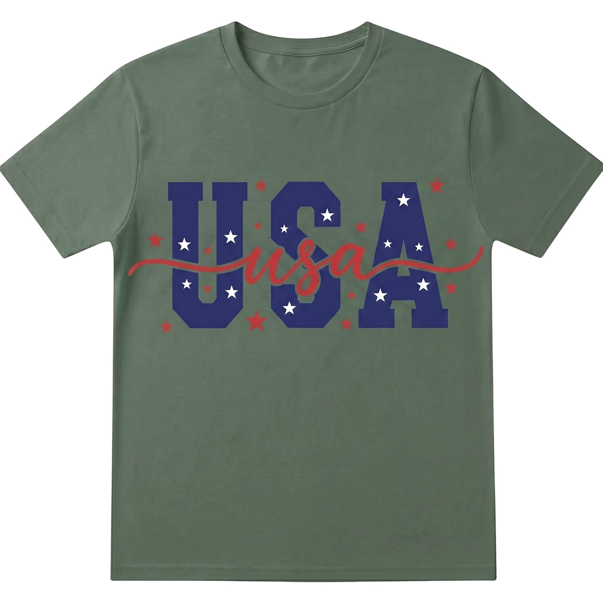 TrendyShift.Com olive green unisex cotton t-shirt featuring a blue USA graphic with white stars and red script accent.