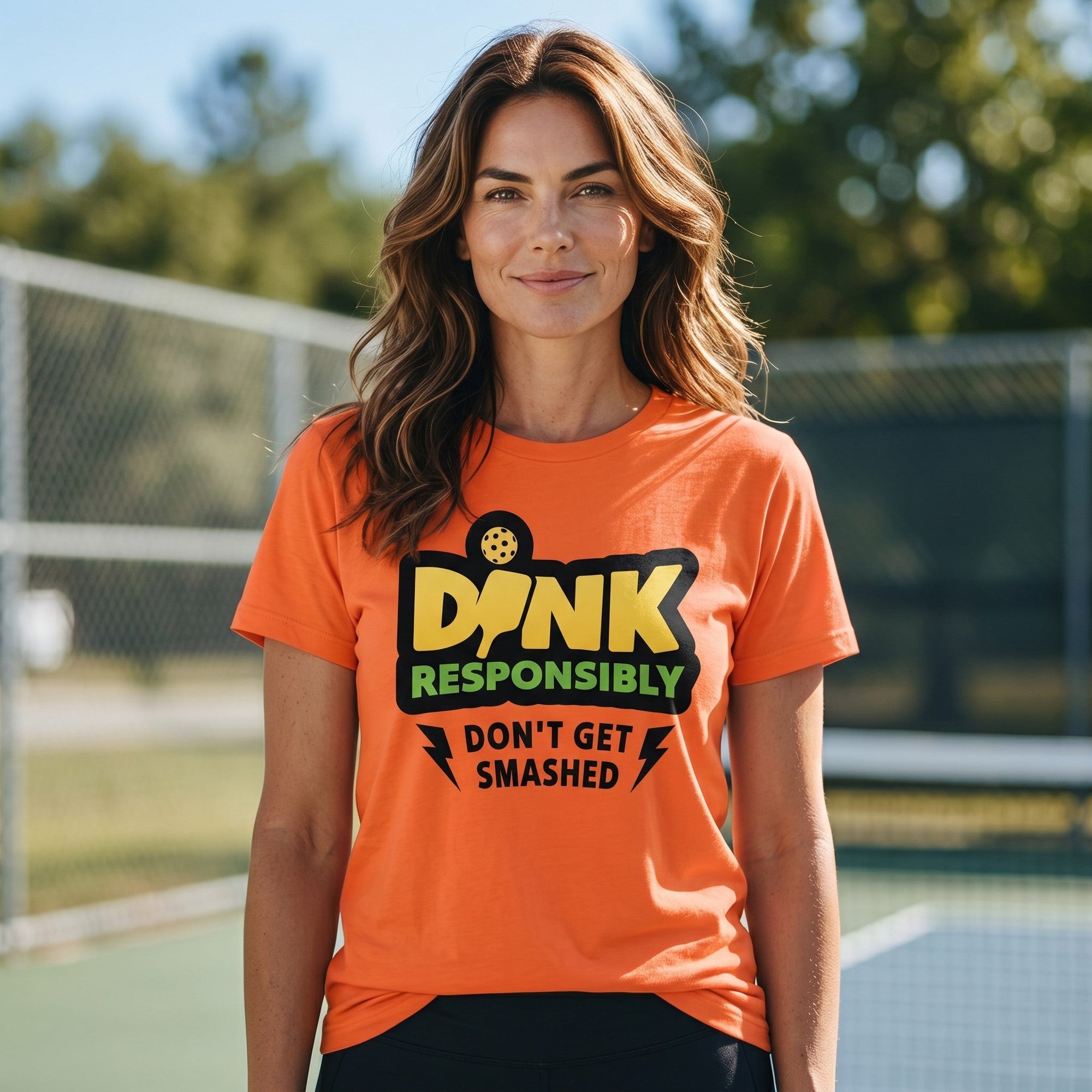 TrendyShift.Com orange short sleeve t-shirt with Dink Responsibly pickleball graphic on a woman at a court