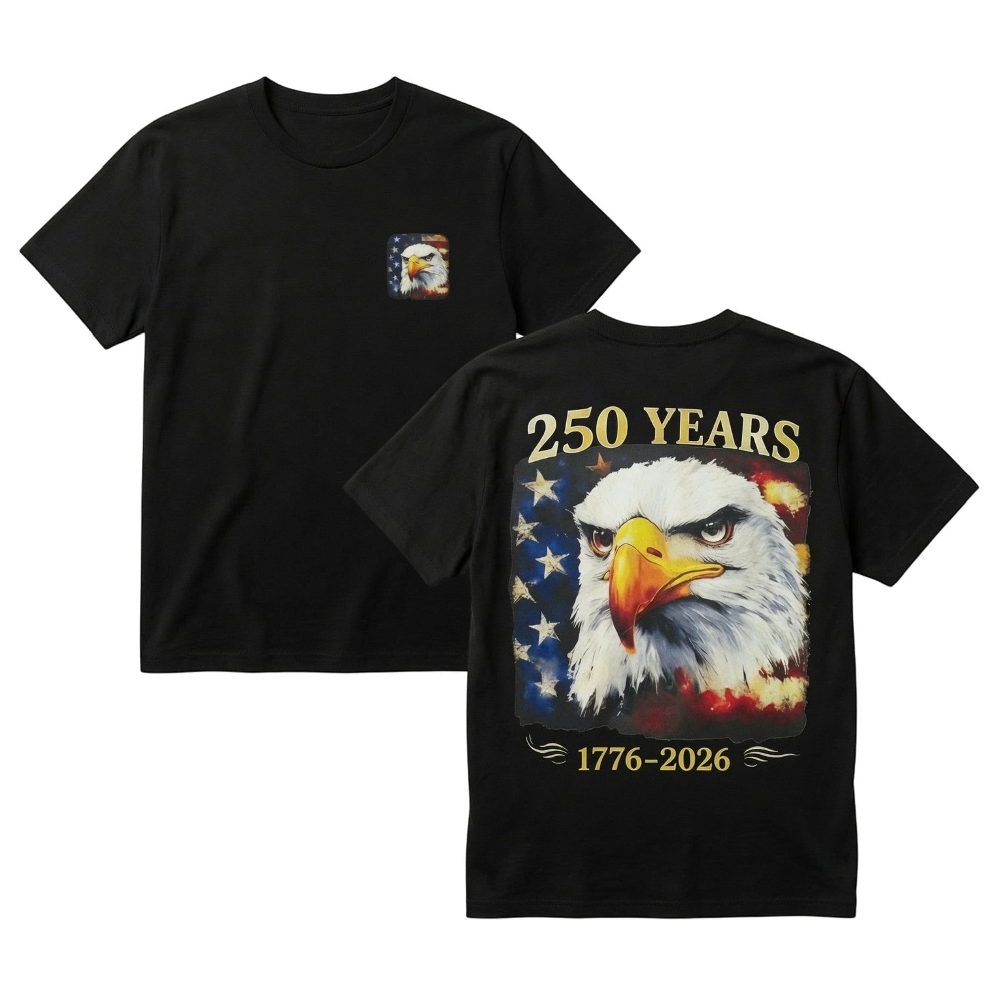TrendyShift.Com black cotton patriotic t-shirt with eagle and distressed American flag print on front and back