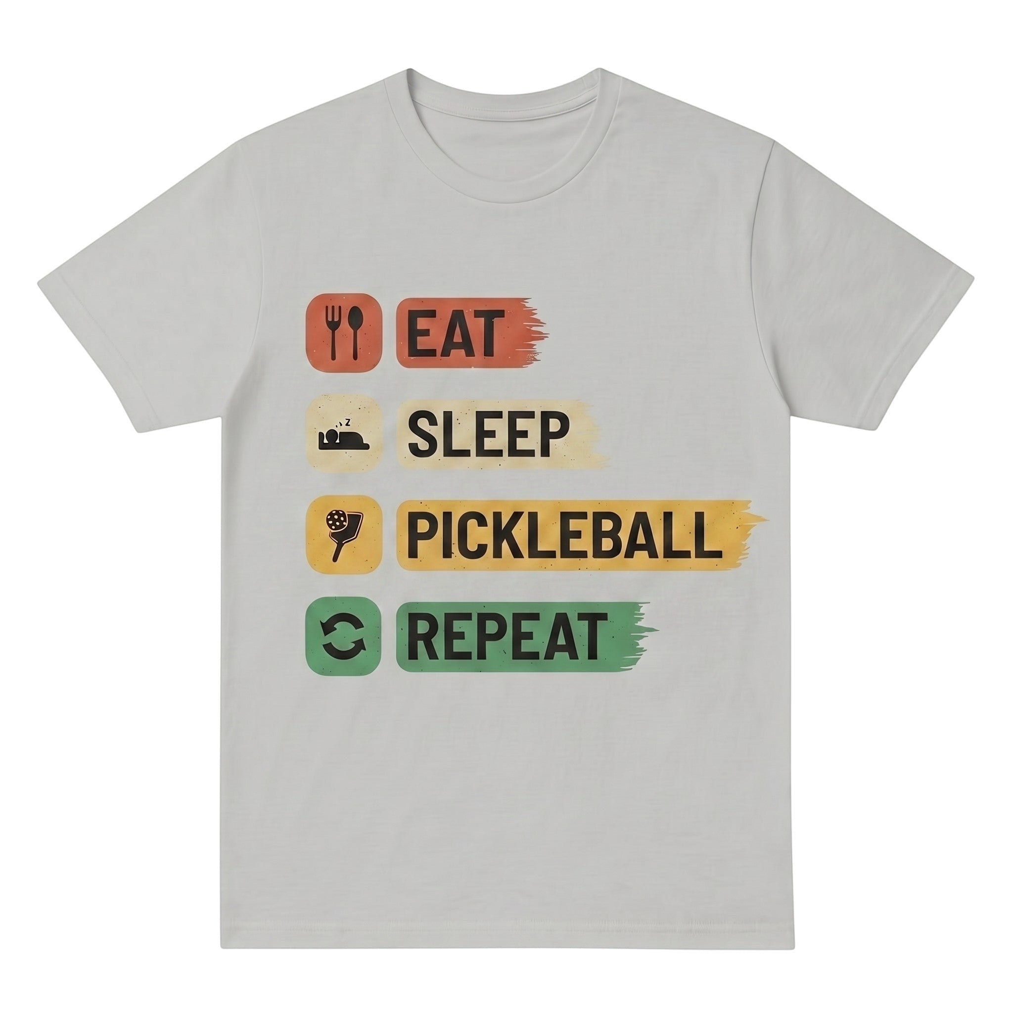 TrendyShift.Com light grey unisex cotton t-shirt featuring an Eat Sleep Pickleball Repeat graphic print