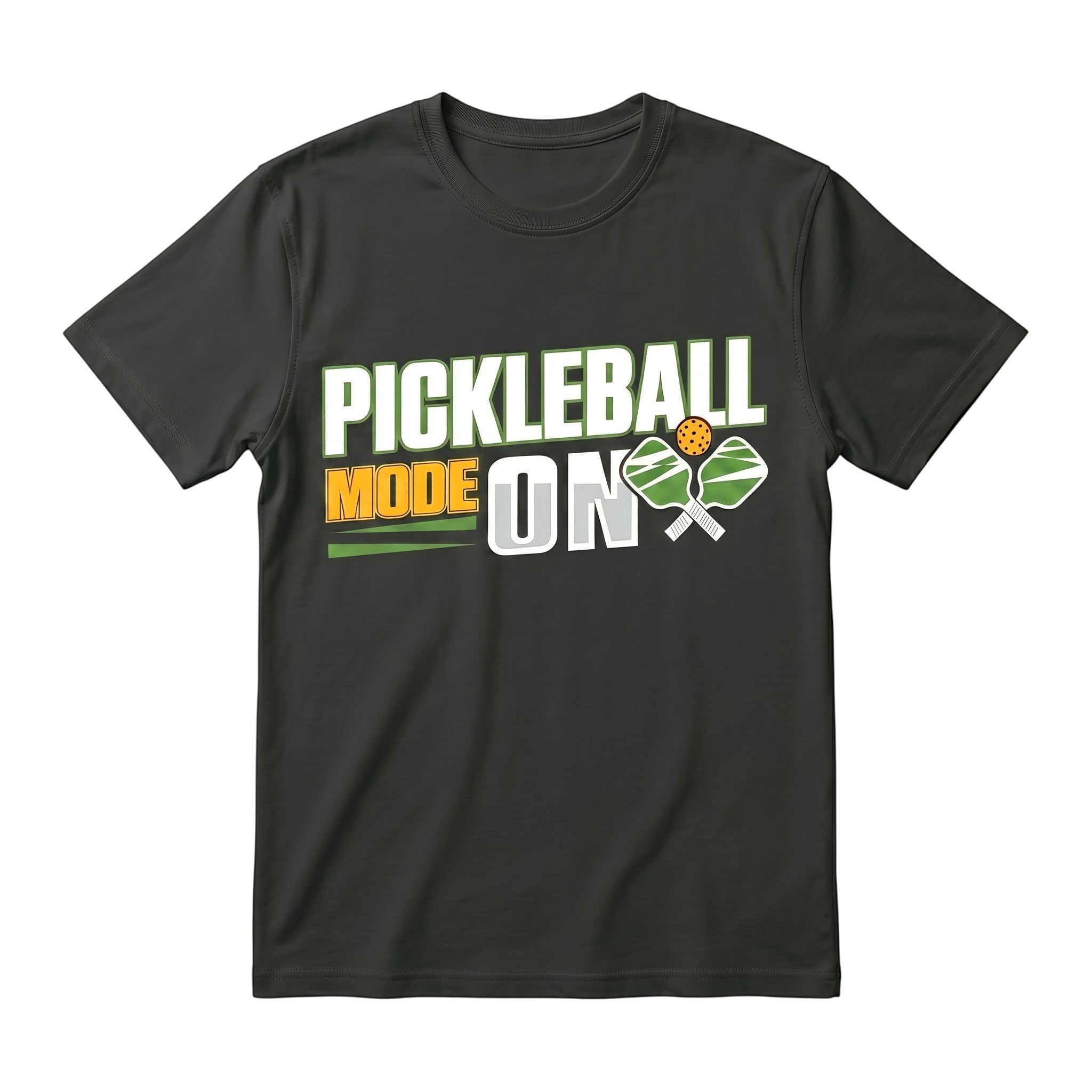 TrendyShift.Com black unisex cotton t-shirt featuring a Pickleball Mode On graphic with paddles and a ball.
