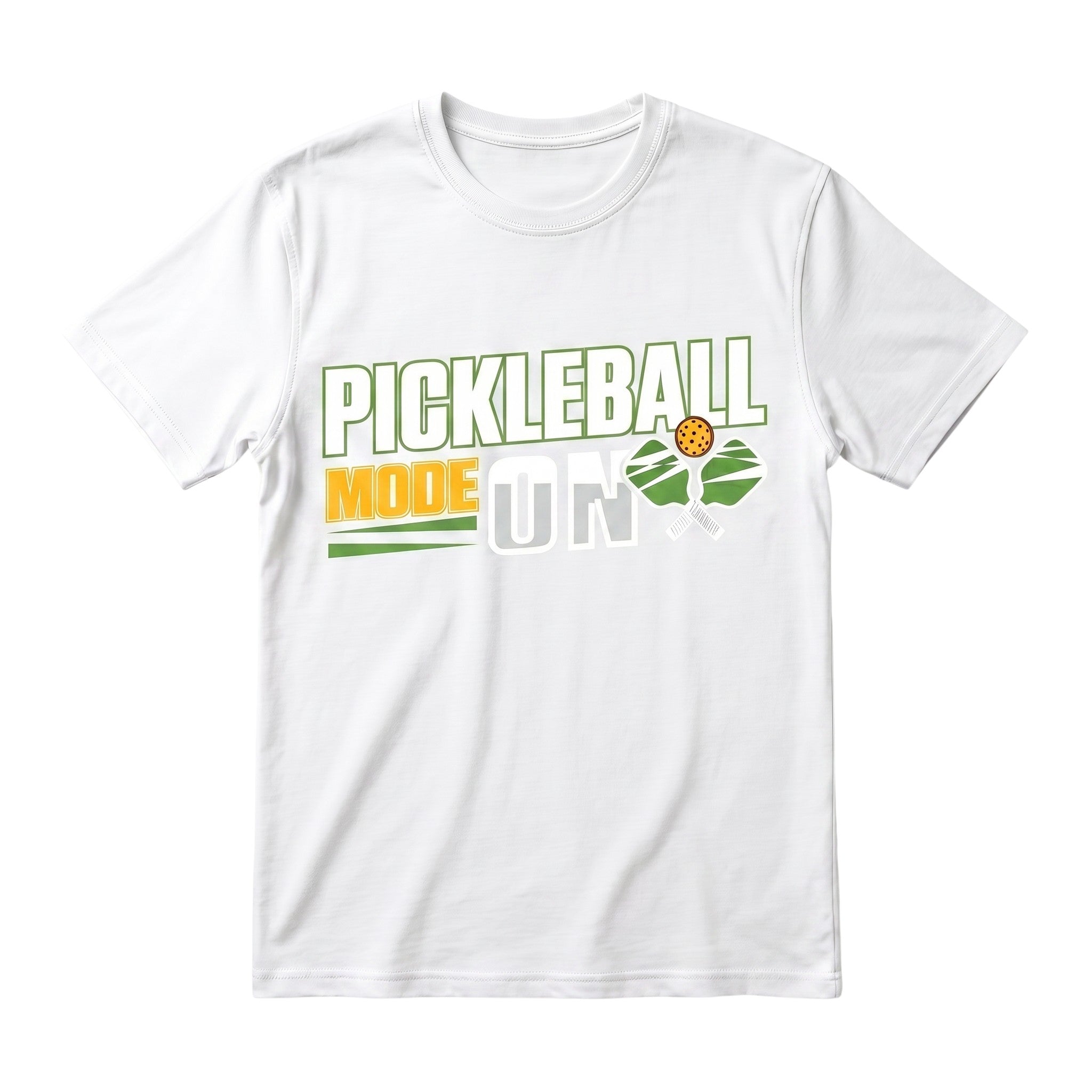 TrendyShift.Com white unisex cotton t-shirt featuring a green and yellow Pickleball Mode On graphic print.