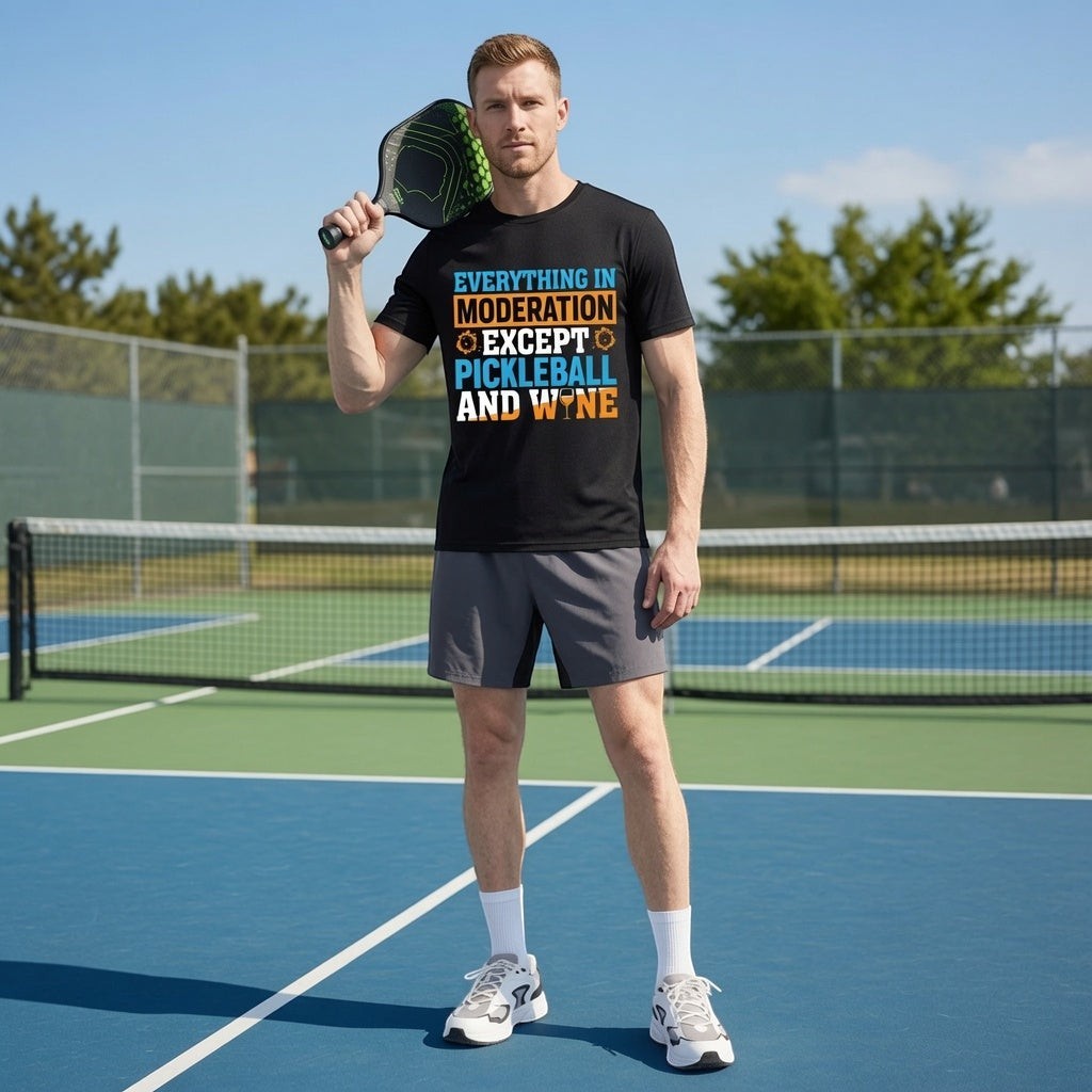 TrendyShift.Com black cotton t-shirt with Pickleball and wine graphic on a man standing on a pickleball court