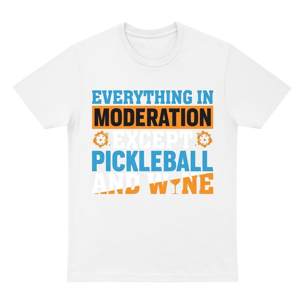 TrendyShift.Com white cotton unisex t-shirt featuring a blue and orange Pickleball and wine graphic print.