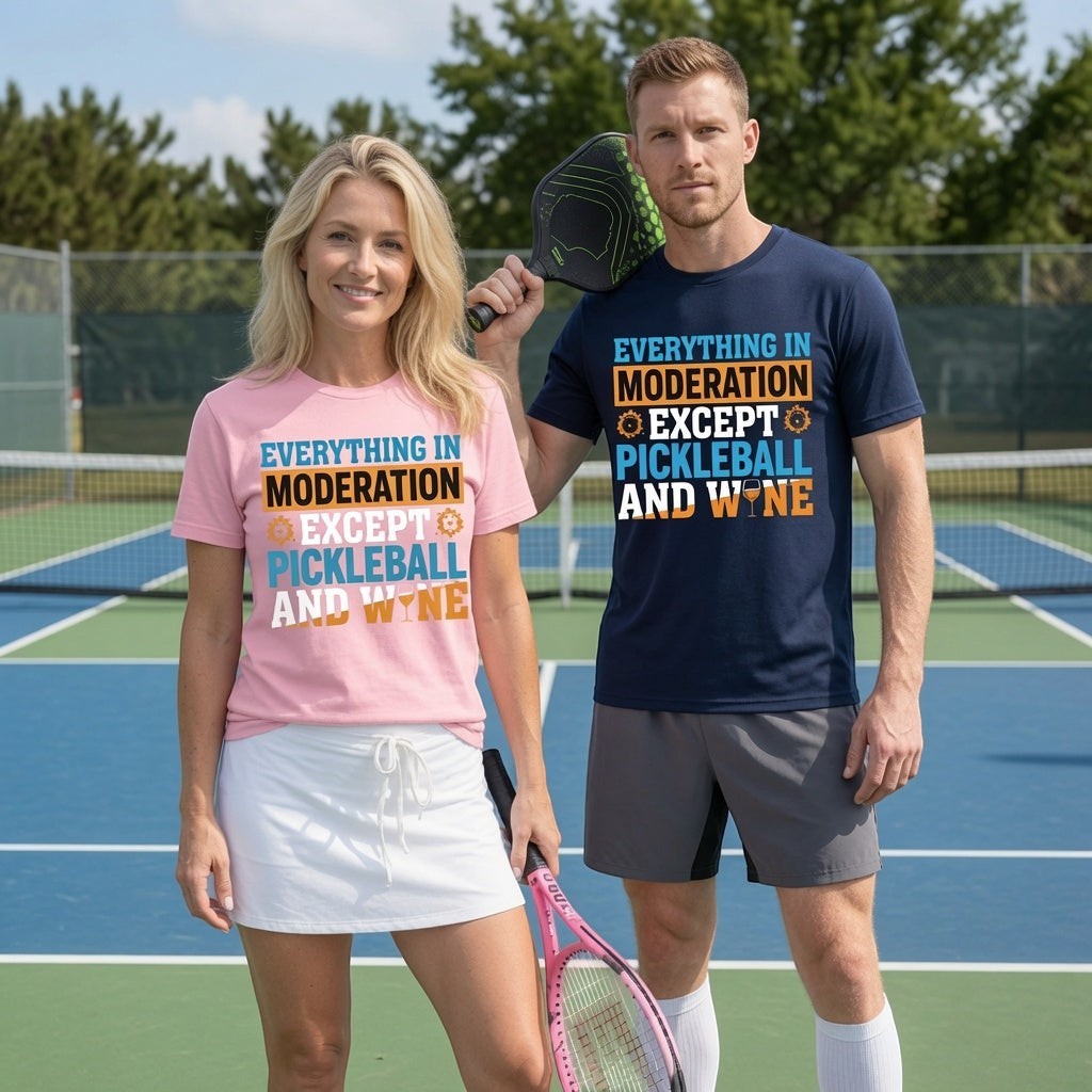 TrendyShift.Com unisex cotton t-shirts with Pickleball and wine graphic on a pickleball court with a man and woman.