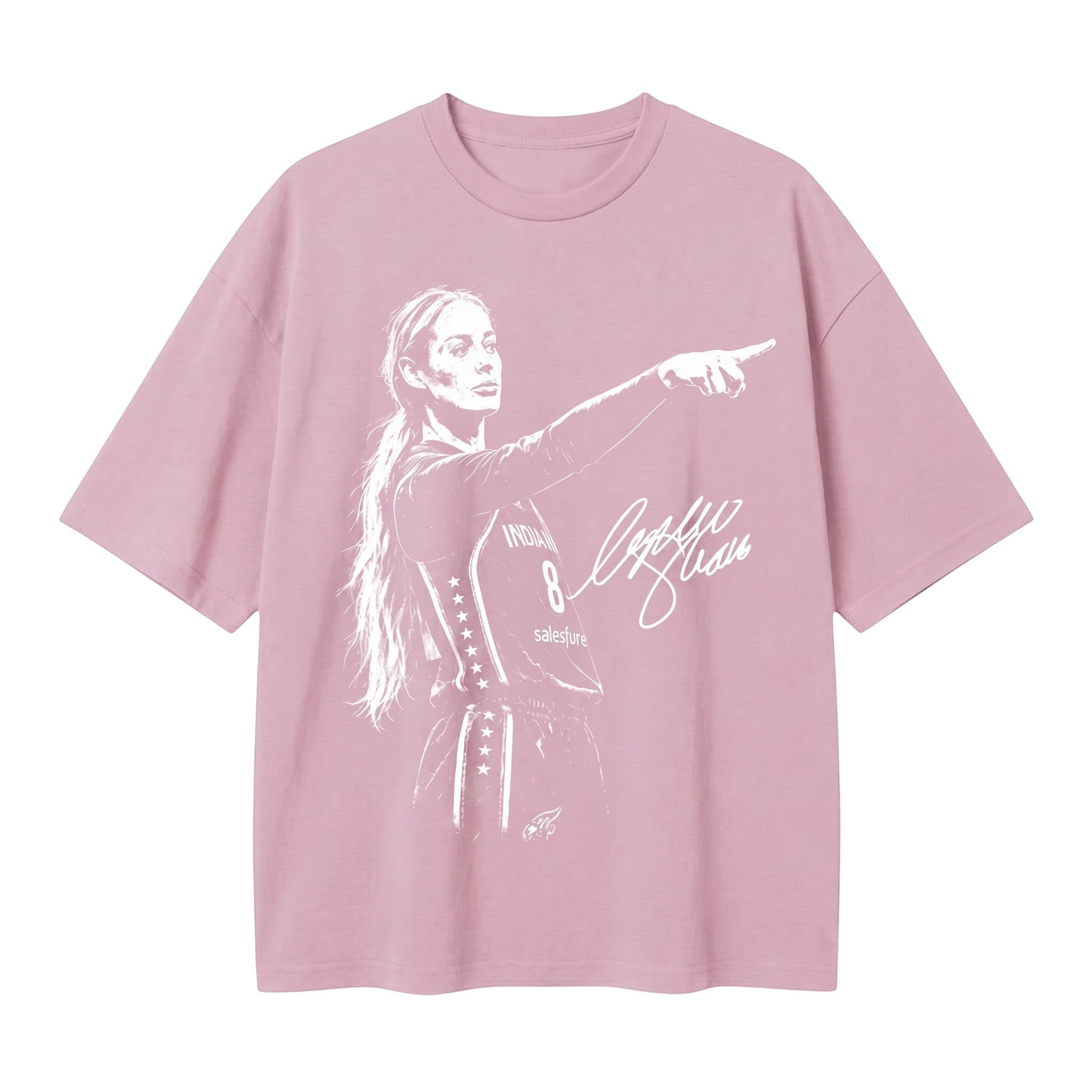 TrendyShift.Com light pink oversized t-shirt featuring a white graphic print of a female basketball player pointing.