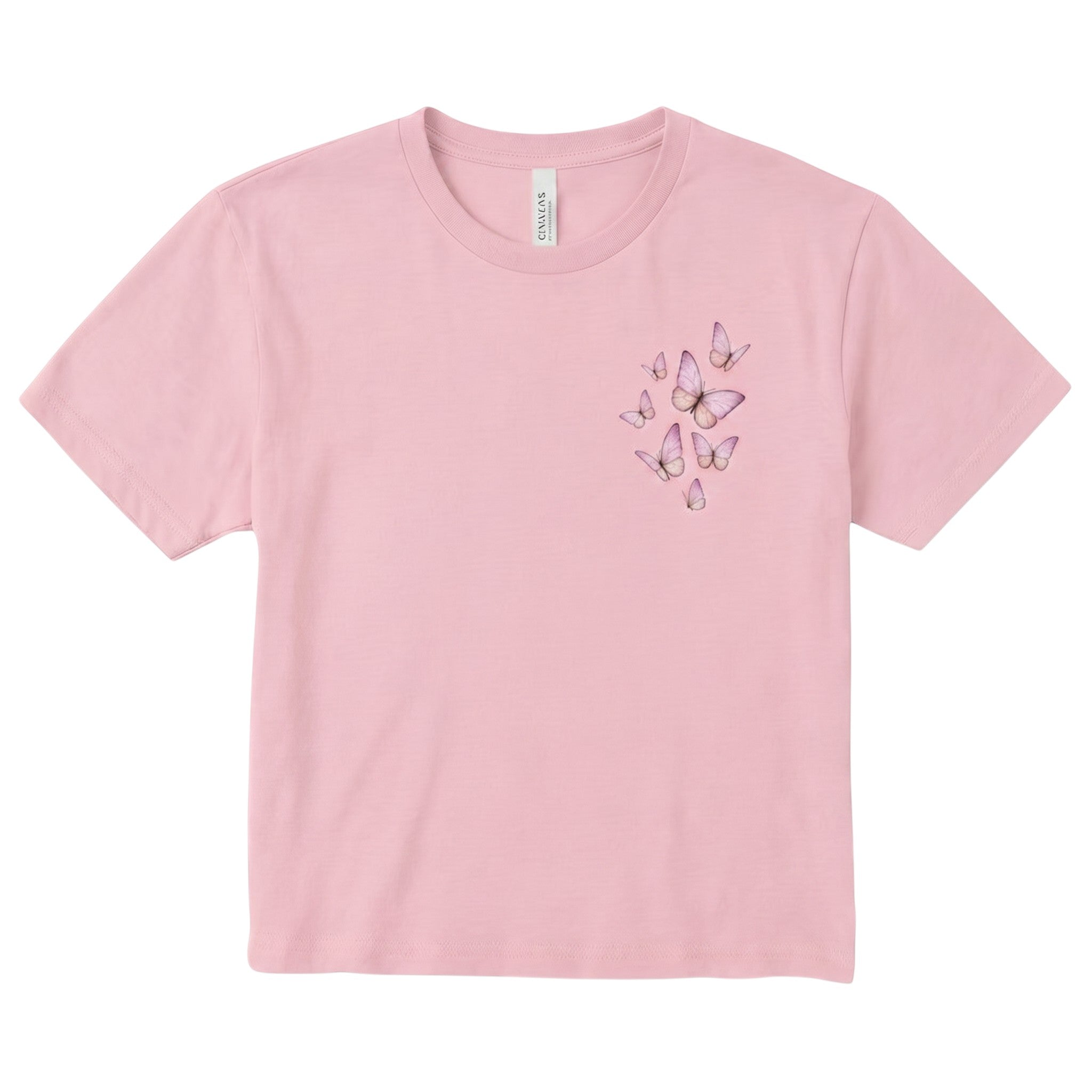 TrendyShift.Com light pink cropped crewneck t-shirt with a delicate butterfly graphic on the chest.