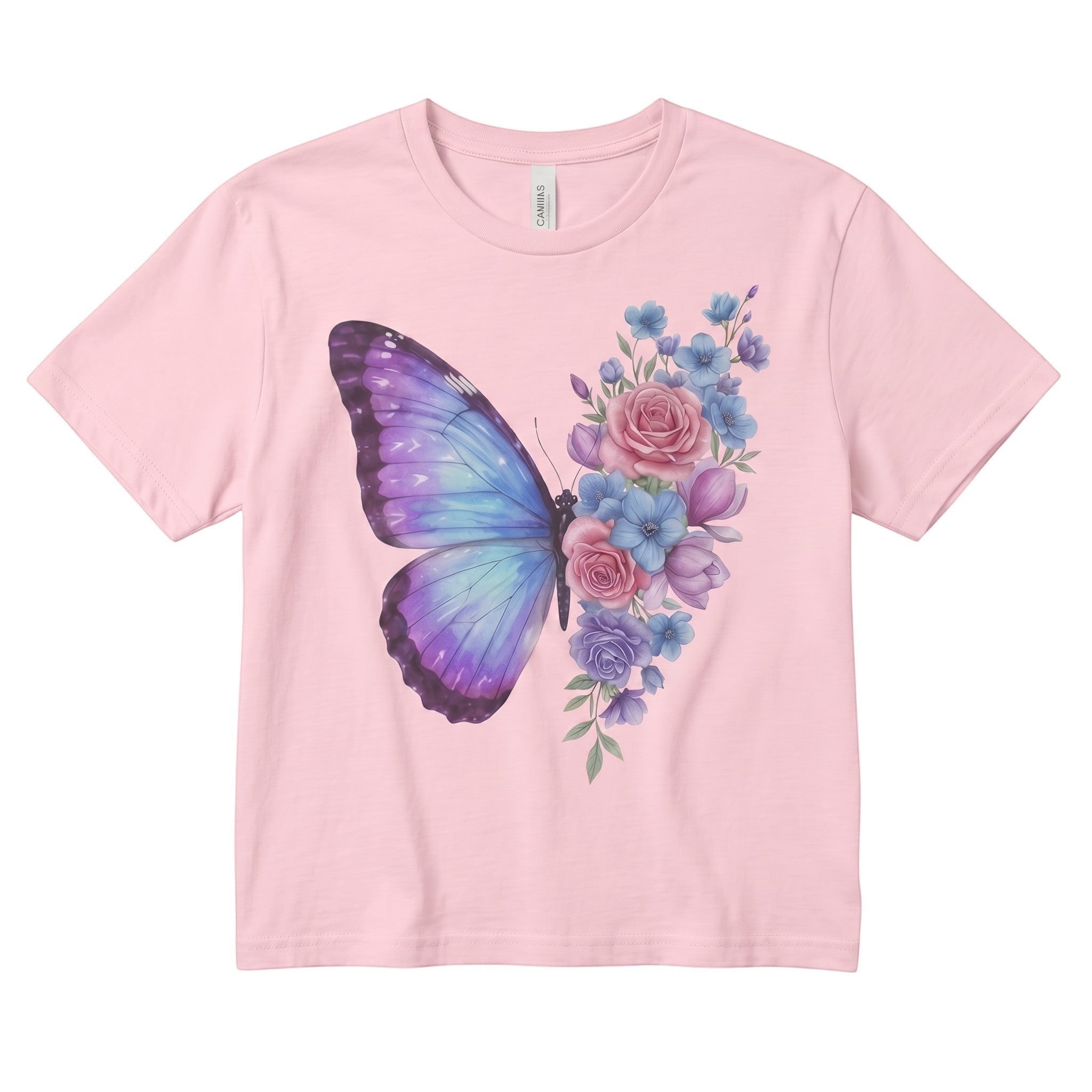 TrendyShift.Com light pink micro rib baby tee featuring a pastel butterfly and floral rose design for a cottagecore look.