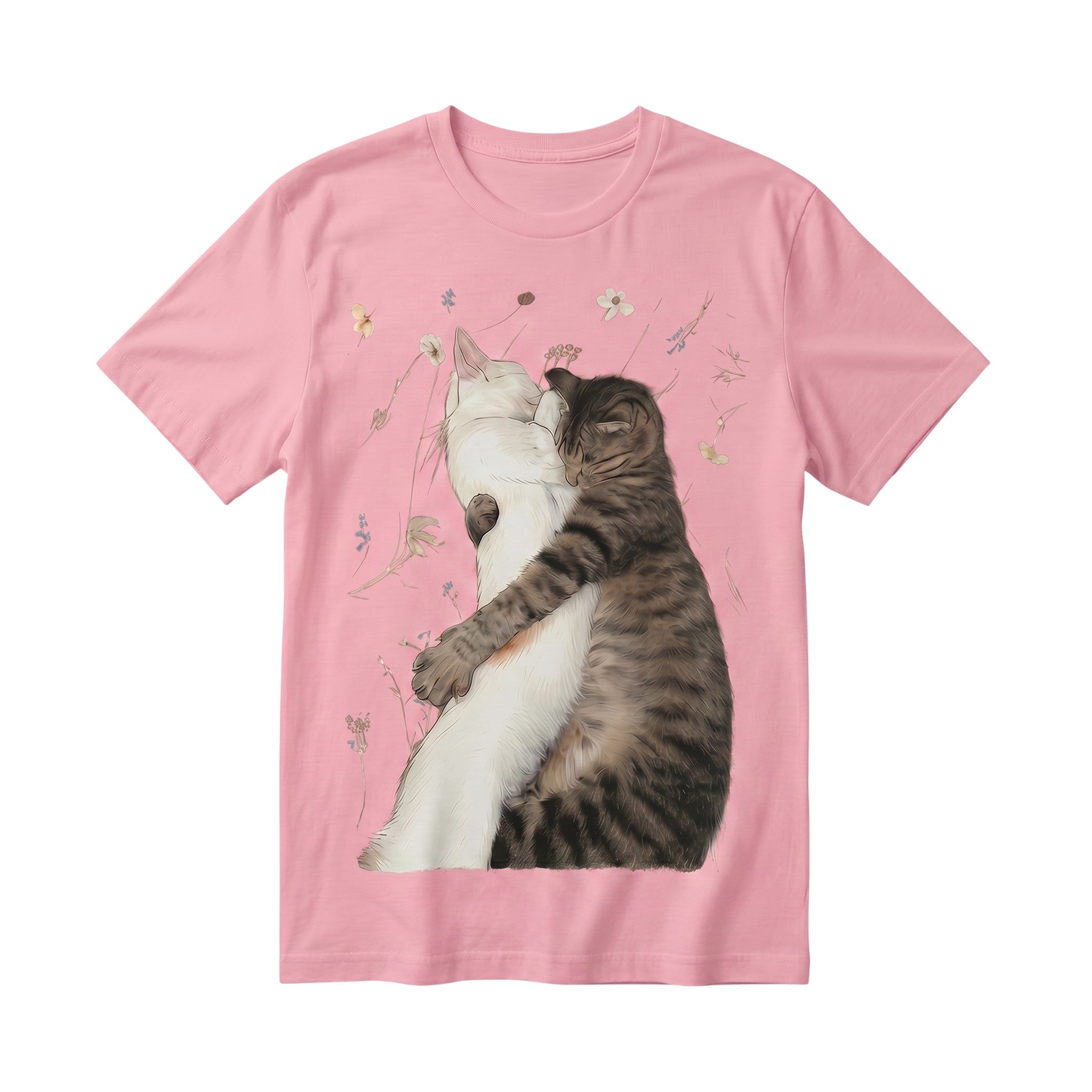 TrendyShift.Com pink cotton t-shirt featuring a graphic illustration of a white cat and tabby cat hugging.