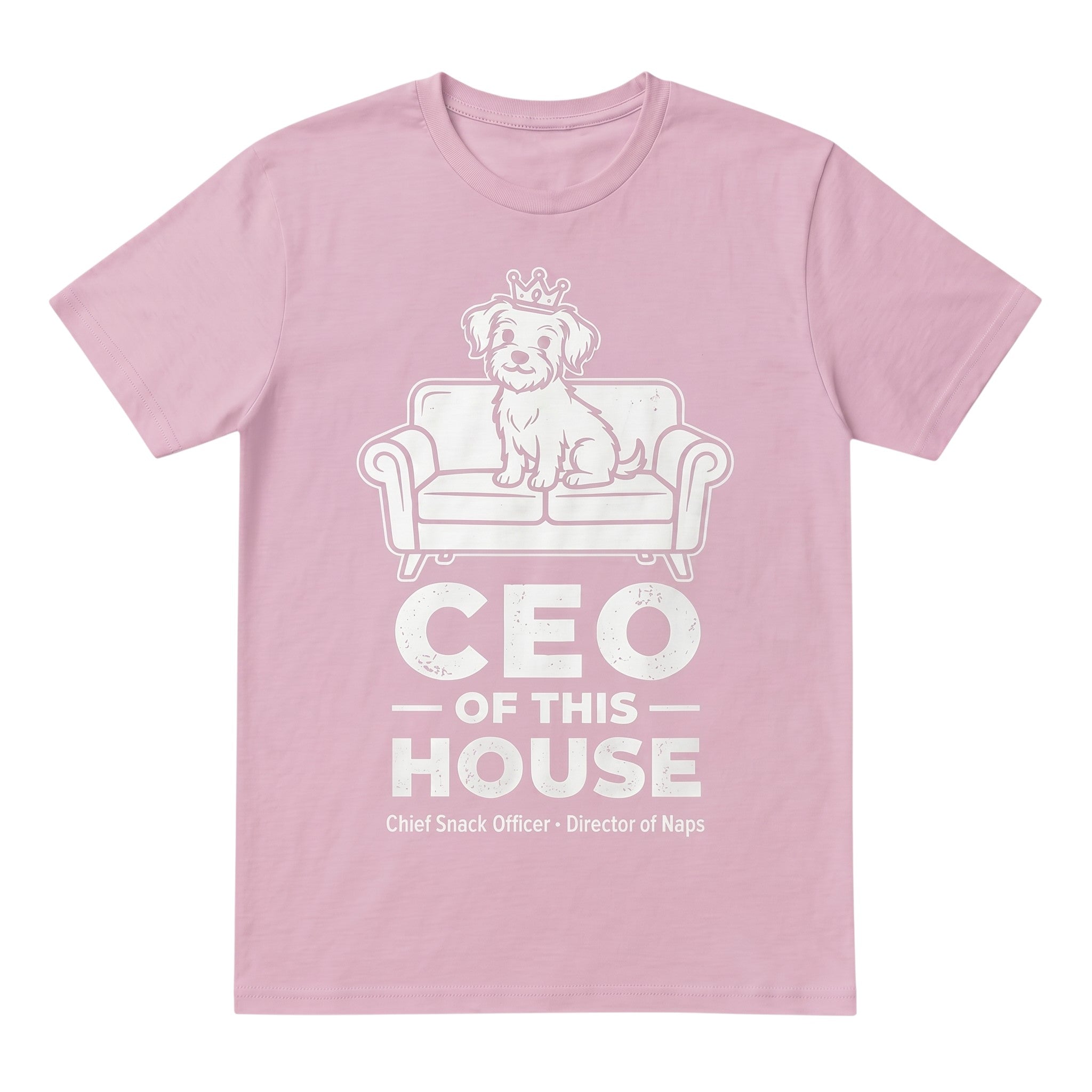 TrendyShift.Com light pink unisex cotton t-shirt featuring a dog on a couch graphic with CEO of this House text.