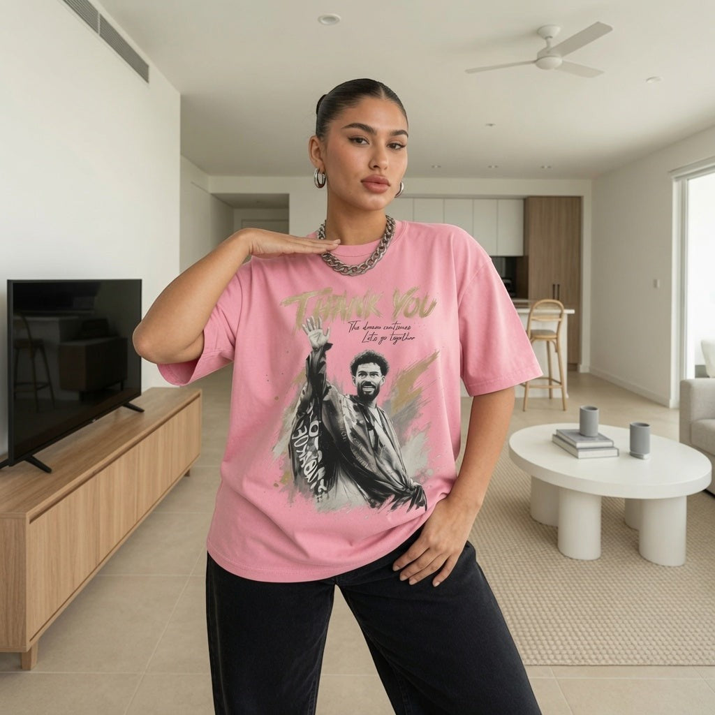 TrendyShift.Com pink oversized cotton tribute t-shirt featuring a goalkeeper farewell graphic and Thank You text