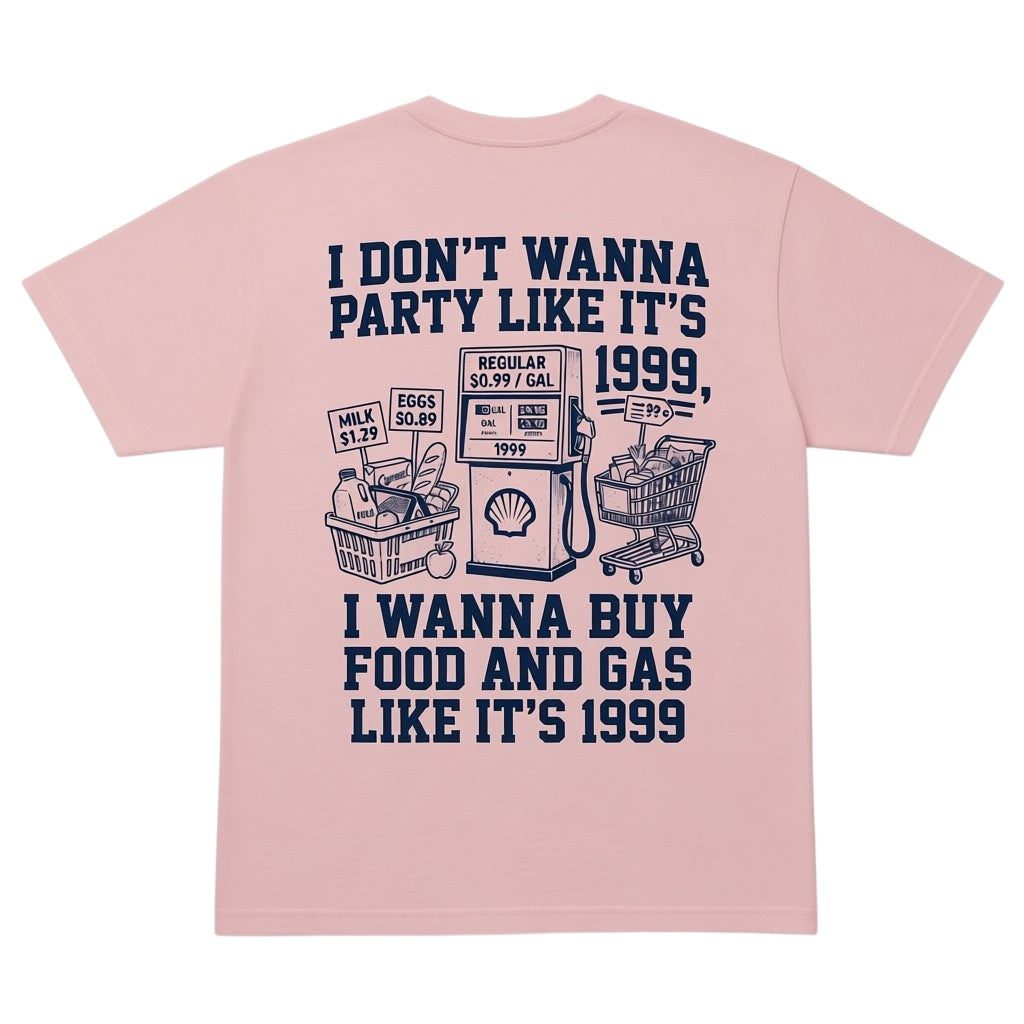 TrendyShift.Com light pink graphic t-shirt featuring 1999 grocery and gas price print on the back