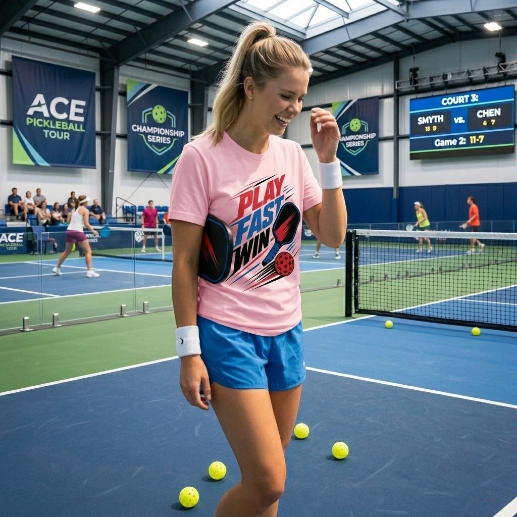 TrendyShift.Com pink cotton pickleball t-shirt with Play Fast Win graphic worn by a woman on an indoor court.
