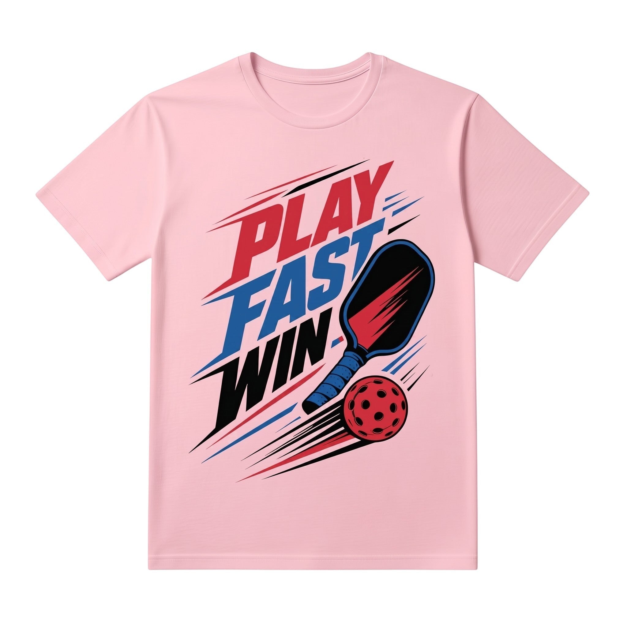 TrendyShift.Com light pink unisex cotton t-shirt with Play Fast Win pickleball graphic and paddle design