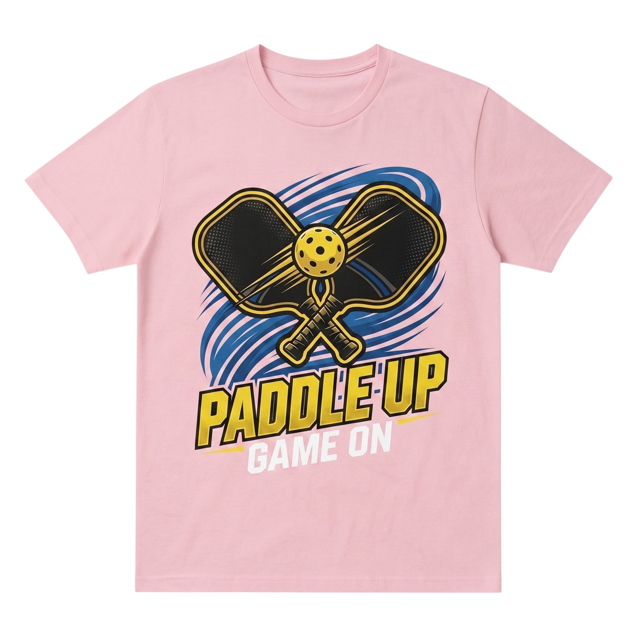 TrendyShift.Com light pink cotton t-shirt featuring a Paddle Up Game On pickleball graphic with paddles and ball.