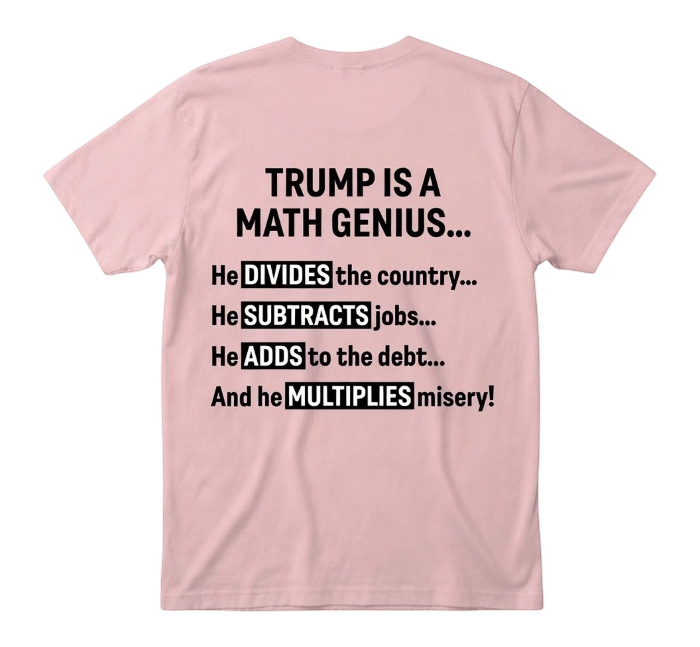 TrendyShift.Com light pink unisex t-shirt with black text about political math on the back