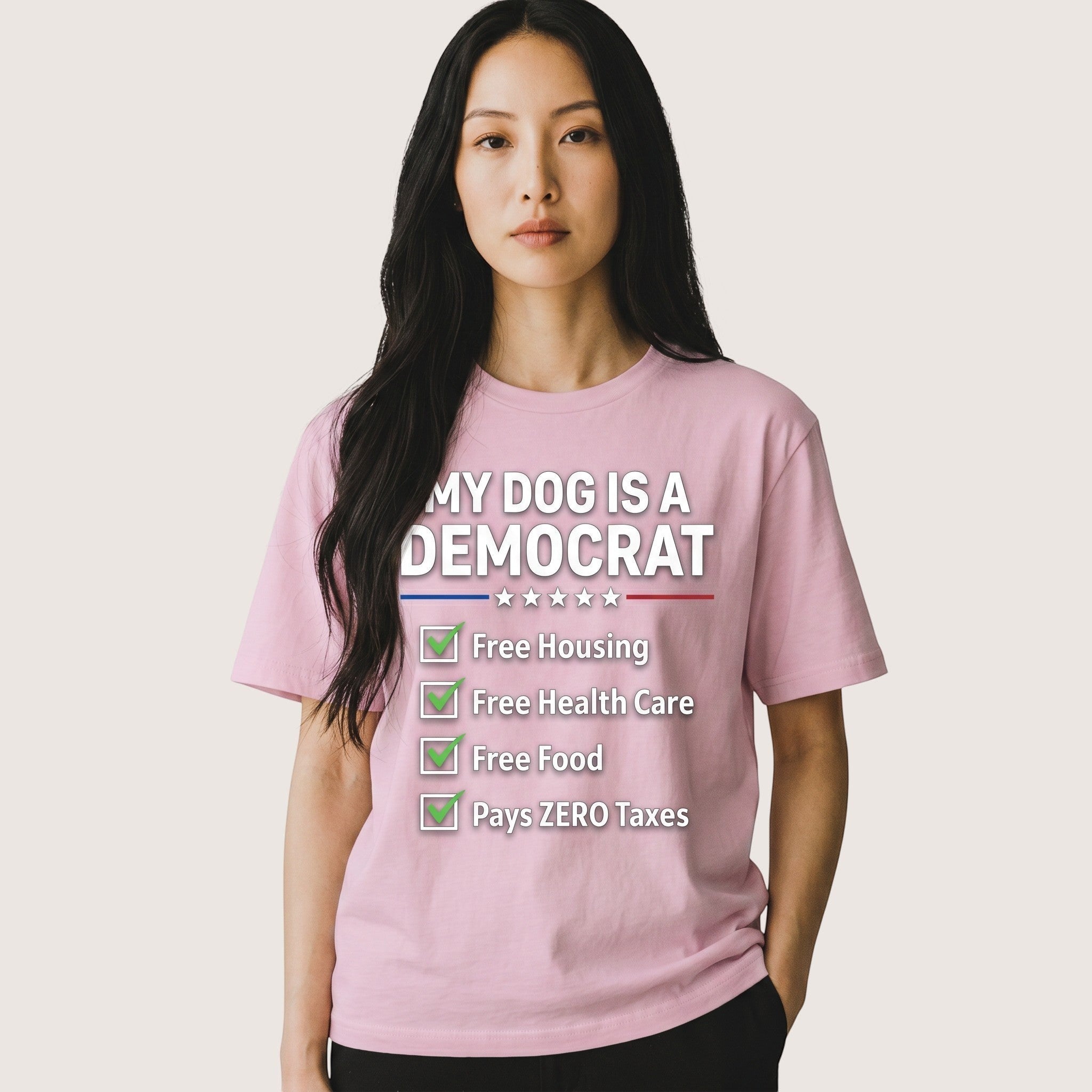 TrendyShift.Com unisex pink cotton t-shirt with My Dog is a Democrat political humor graphic and checklist design.