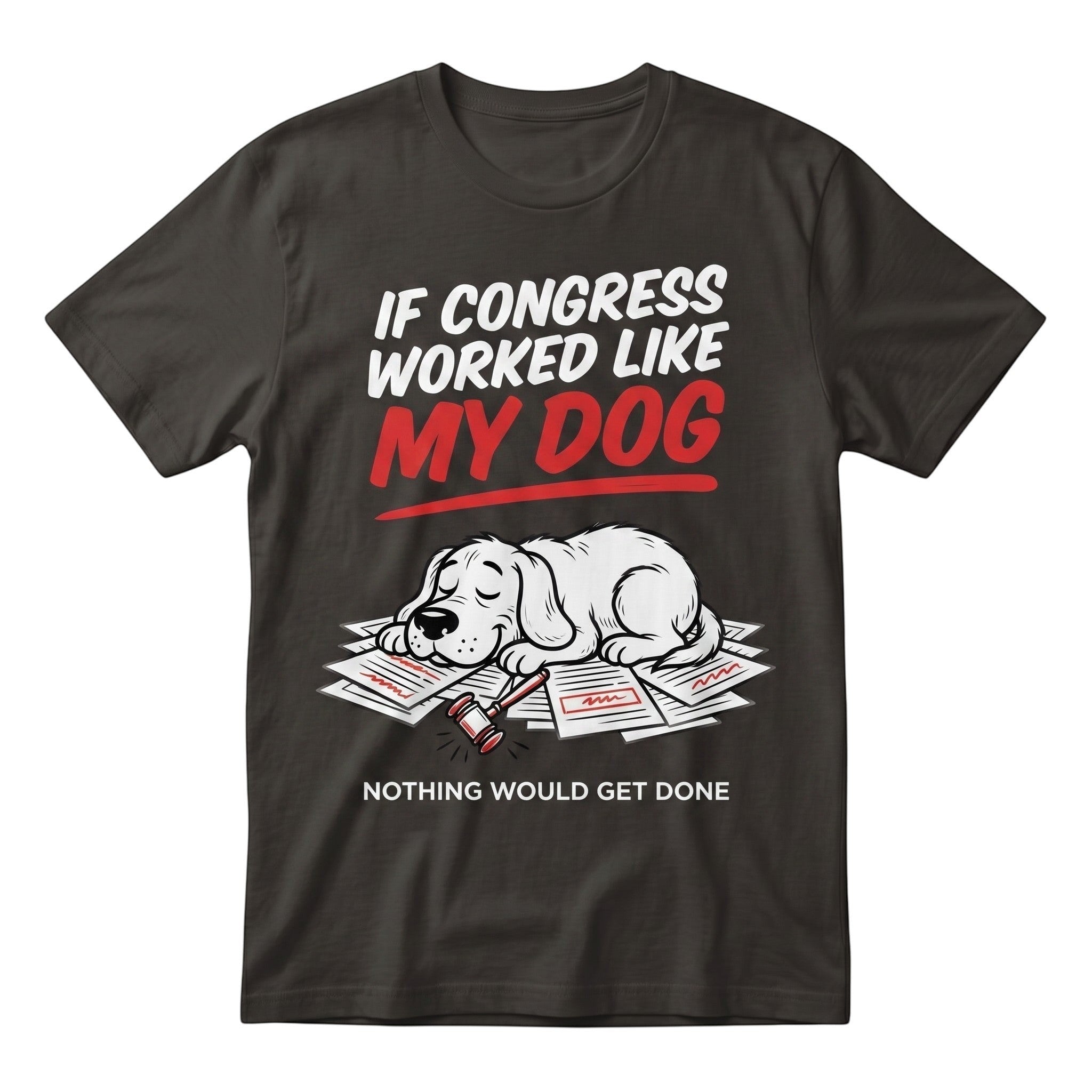 TrendyShift.Com charcoal grey heavy cotton t-shirt with a funny political satire graphic of a sleeping dog on paperwork.