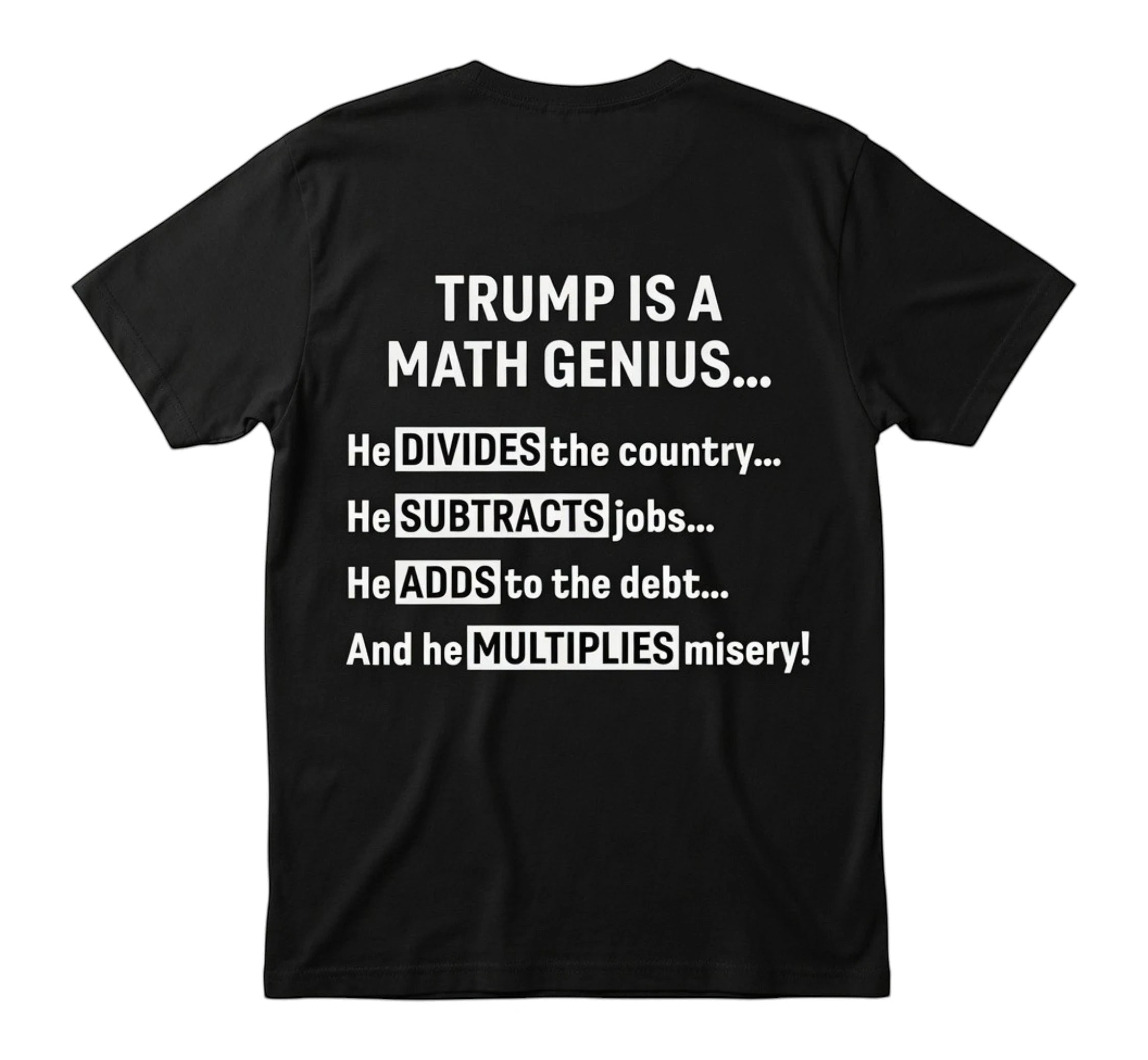 TrendyShift.Com black unisex t-shirt featuring white text about political math humor on the back