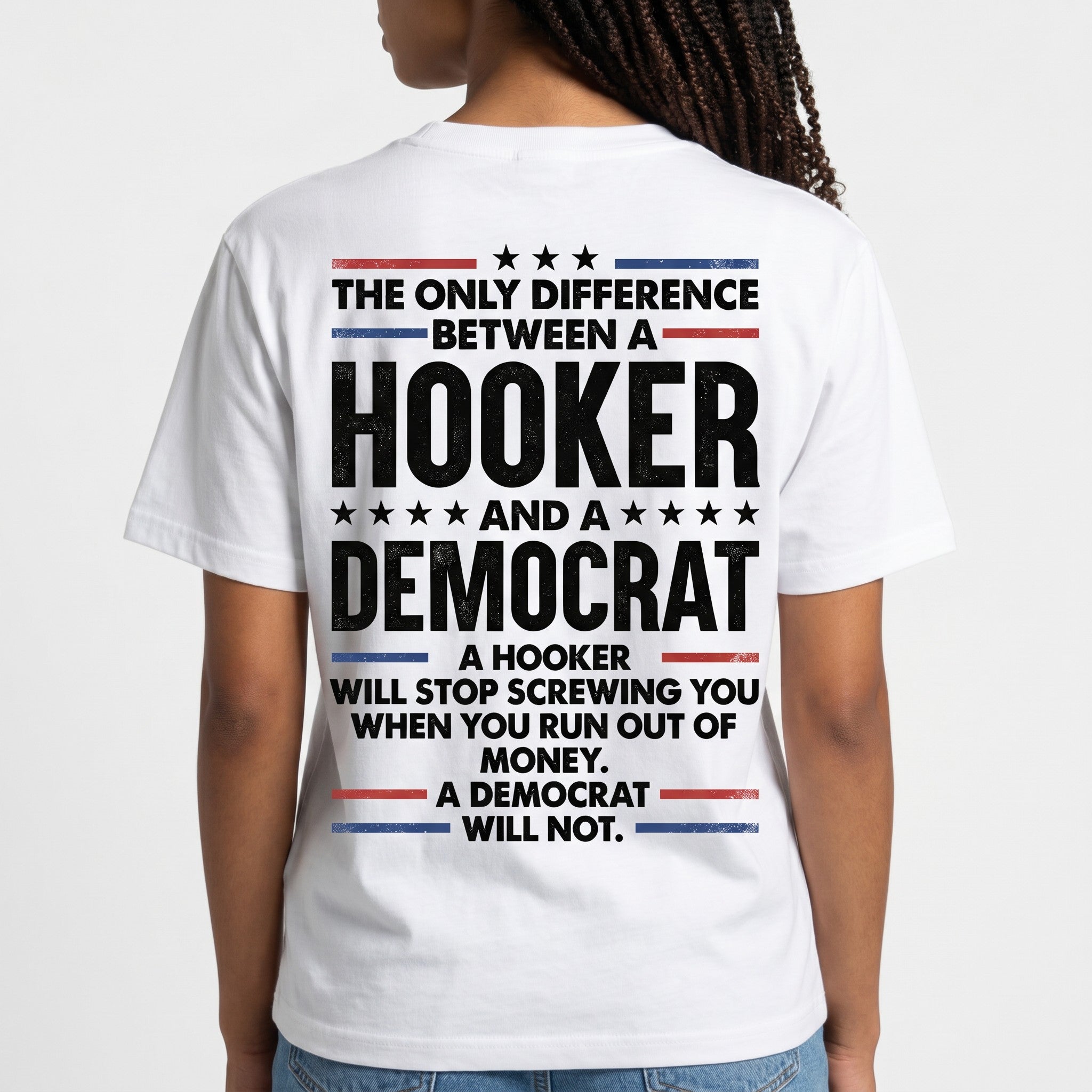 TrendyShift.Com white cotton graphic tee with distressed red, white, and blue political satire typography on the back.