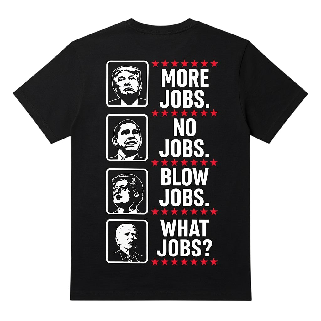 TrendyShift.Com black cotton graphic t-shirt featuring political satire portraits and bold text in a vertical layout.