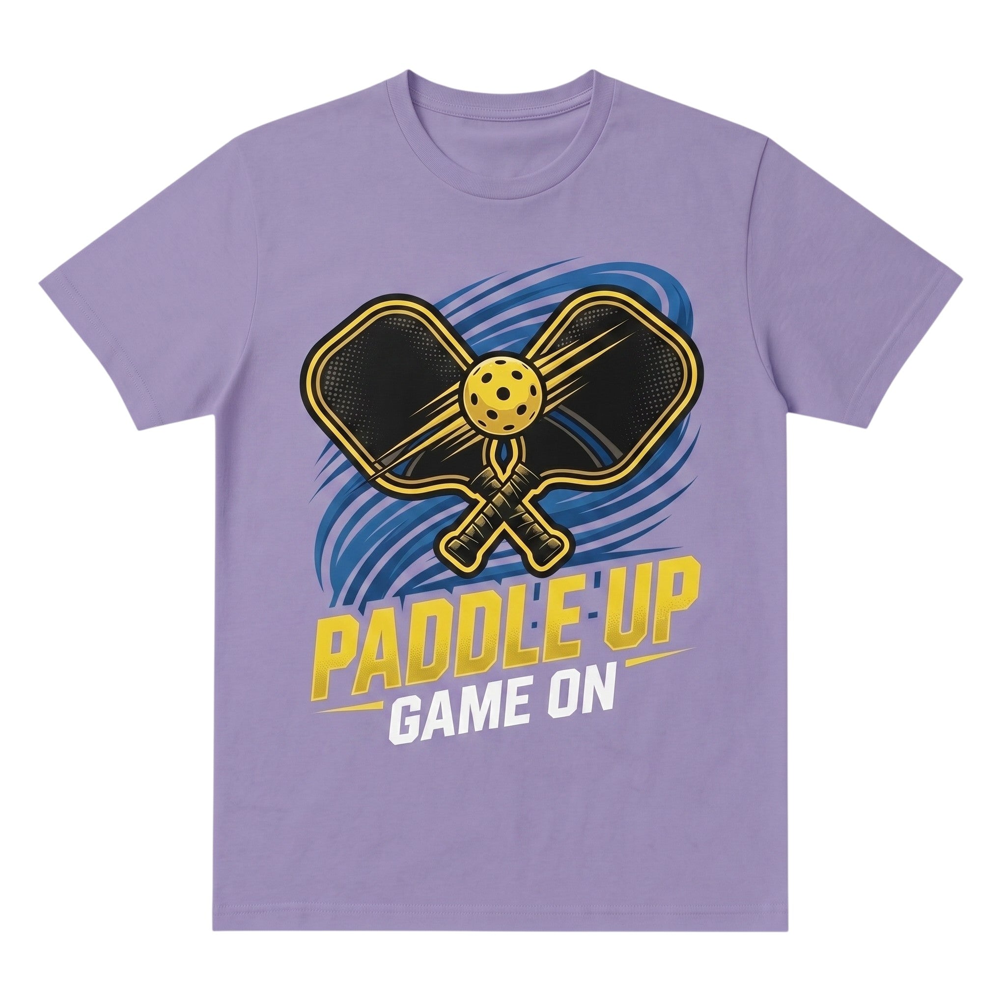 TrendyShift.Com purple cotton unisex t-shirt featuring a Paddle Up Game On pickleball graphic with paddles and ball.